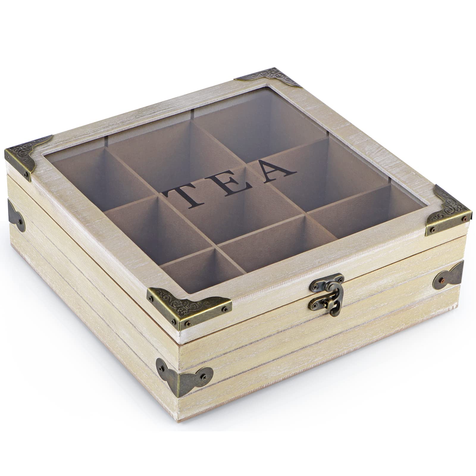 MOLIGOU Wooden Tea Box Organizer with Glass Lid - 9 Compartment Tea Storage Chest for Tea Bags, Herbs & Spices | Perfect for Kitchen Cabinet, Pantry & Countertop Organization
