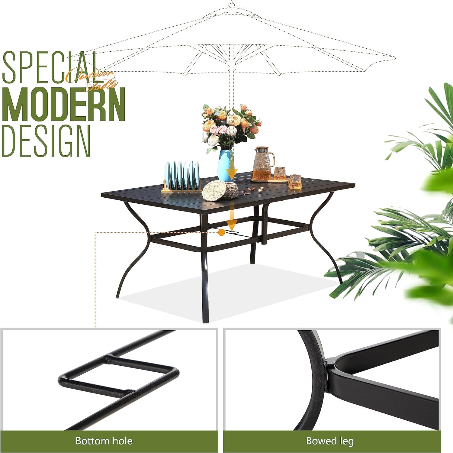 PHI VILLA 8-Piece Outdoor Patio Dining Set with 13ft Double-Sided Sun Umbrella (Orange Red) - 6 Stackable Metal Chairs & 60