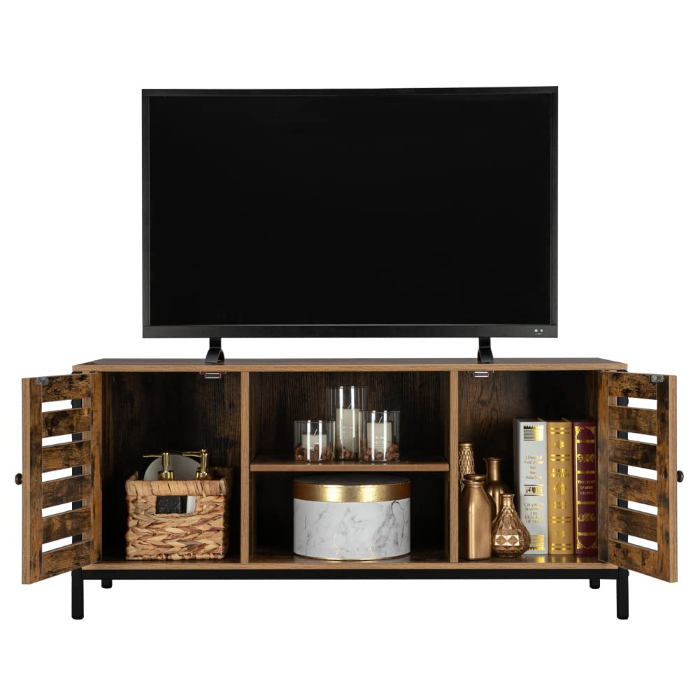 RHXX Retro Brown Industrial Style Double Door TV Stand with Double Shelves & Large Storage Space - Louver Design Living Room TV Cabinet for Home Entertainment & Media Organization