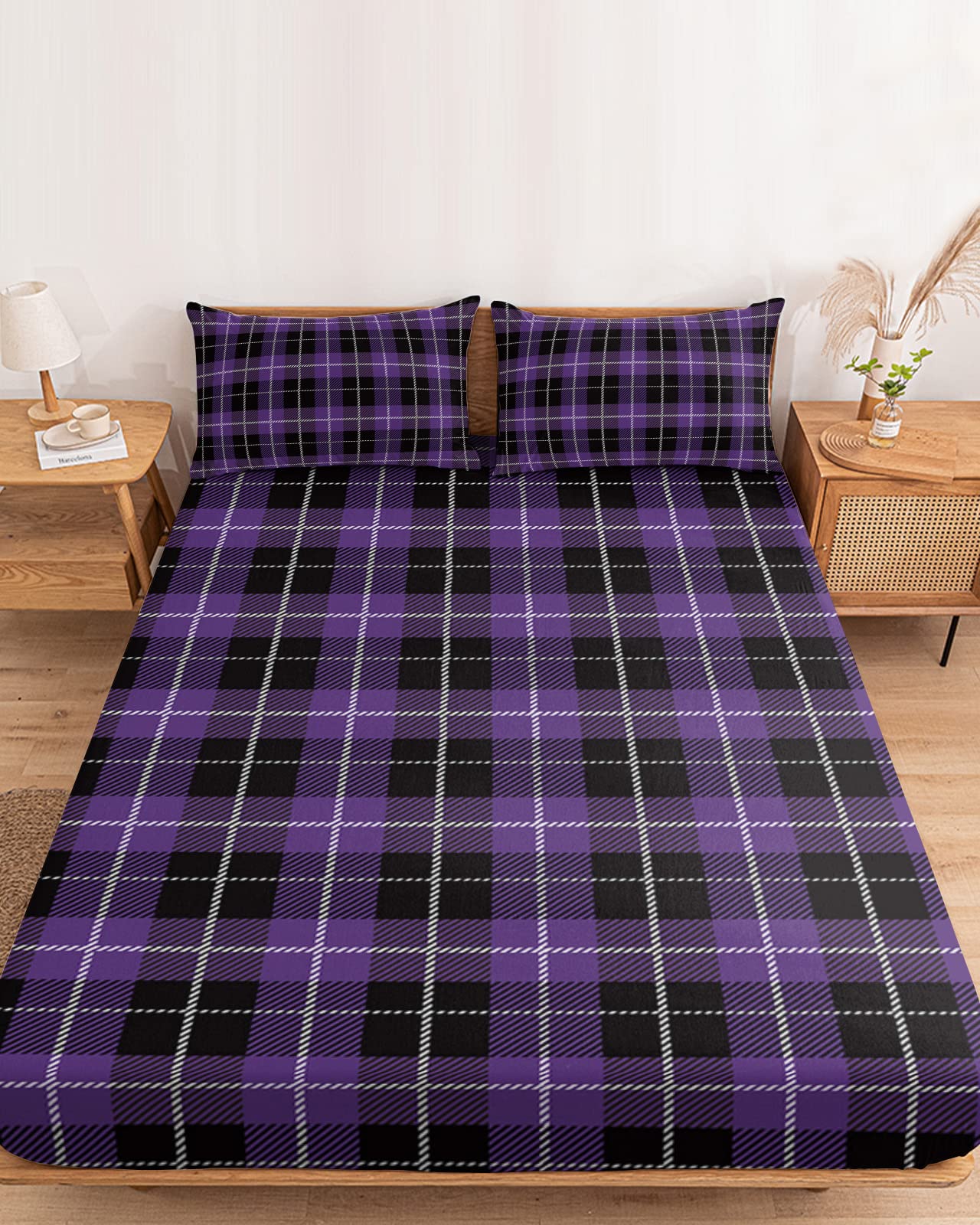 Halloween Black & Purple Buffalo Plaid Fitted Sheet - Full Size Deep Pocket (5-16