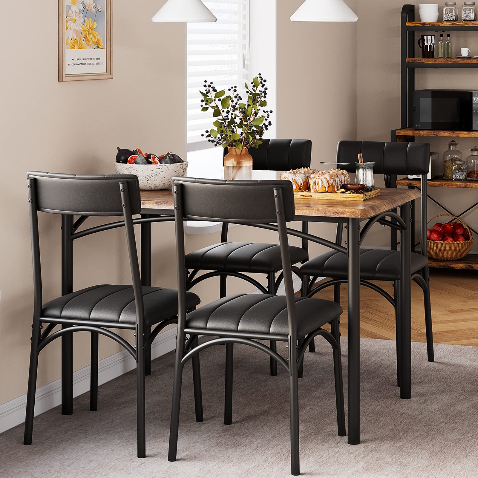 Rustic Brown Kitchen Dining Table Set for 4 with Upholstered Chairs - Metal & Wood Rectangular Table for Small Spaces, Apartments & Breakfast Nooks - Perfect for Family Meals, Entertaining Guests & Cozy Dining
