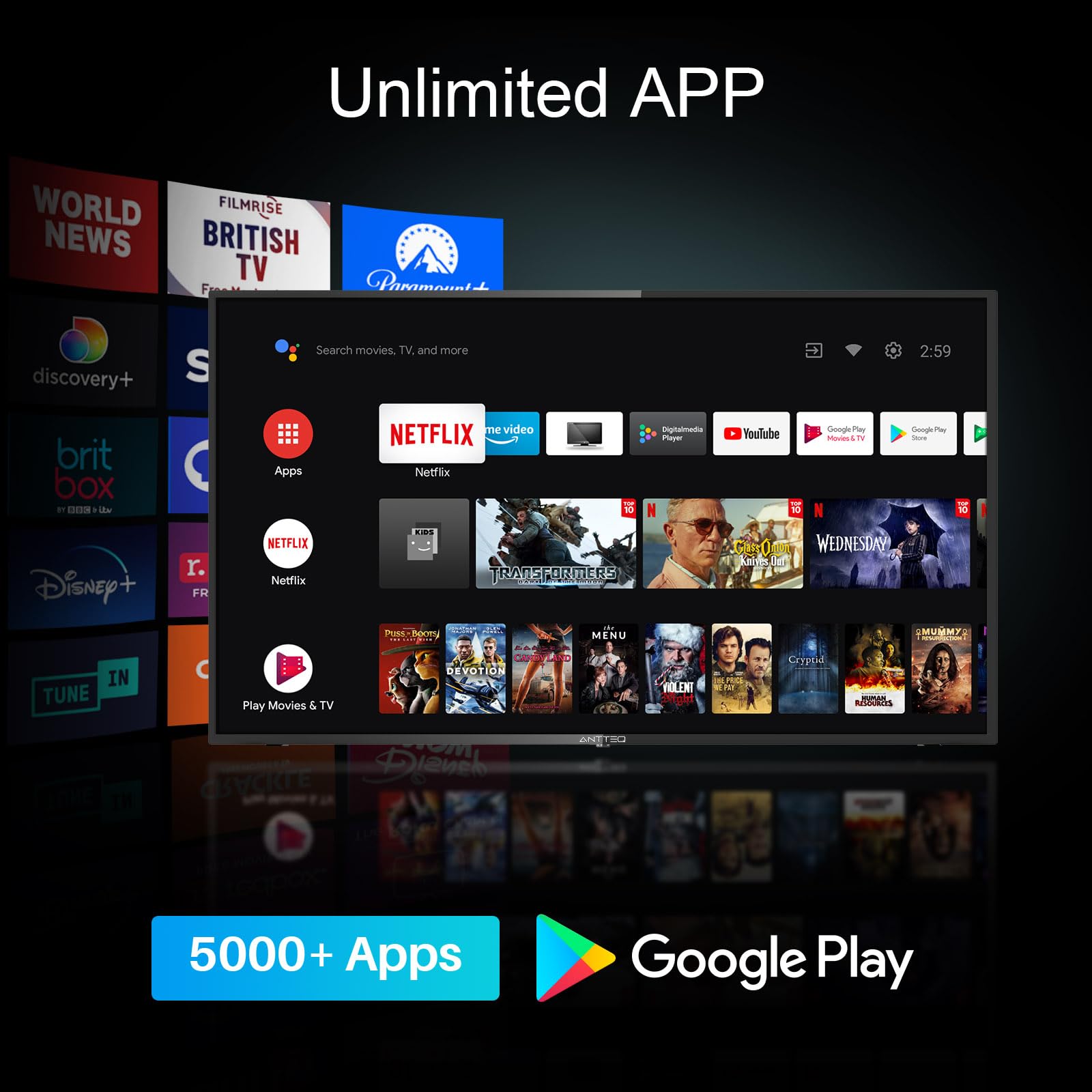 32 Inch Smart LED TV with Android OS - Full HD 1080p, Bluetooth Voice Control, Triple Tuner (DVB-C/S2/T2), Built-in WiFi, Pre-installed Apps (Netflix/Prime Video/YouTube/DAZN) - Perfect for Living Room, Bedroom or Small Spaces Entertainment