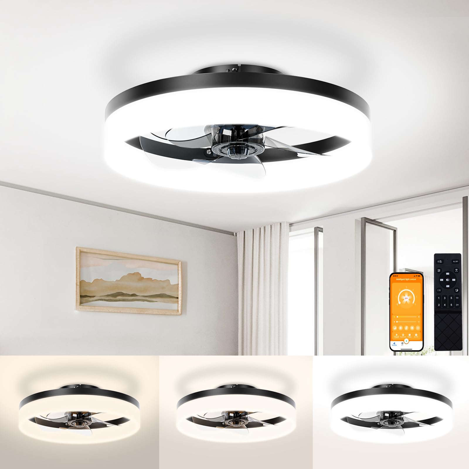 VOLISUN 15.7in Bladeless LED Ceiling Fan with Light & Remote - Modern Flush Mount for Bedroom