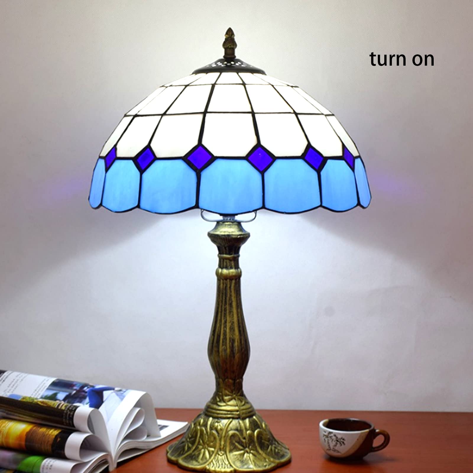 12 Inch Tiffany Desk Lamp - Mediterranean Style Stained Glass Lampshade, Large Luxurious Bedside & Reading Light for Living Room, Bedroom, Farmhouse - Perfect for Home Office, Study, Dorm & Nightstand Lighting
