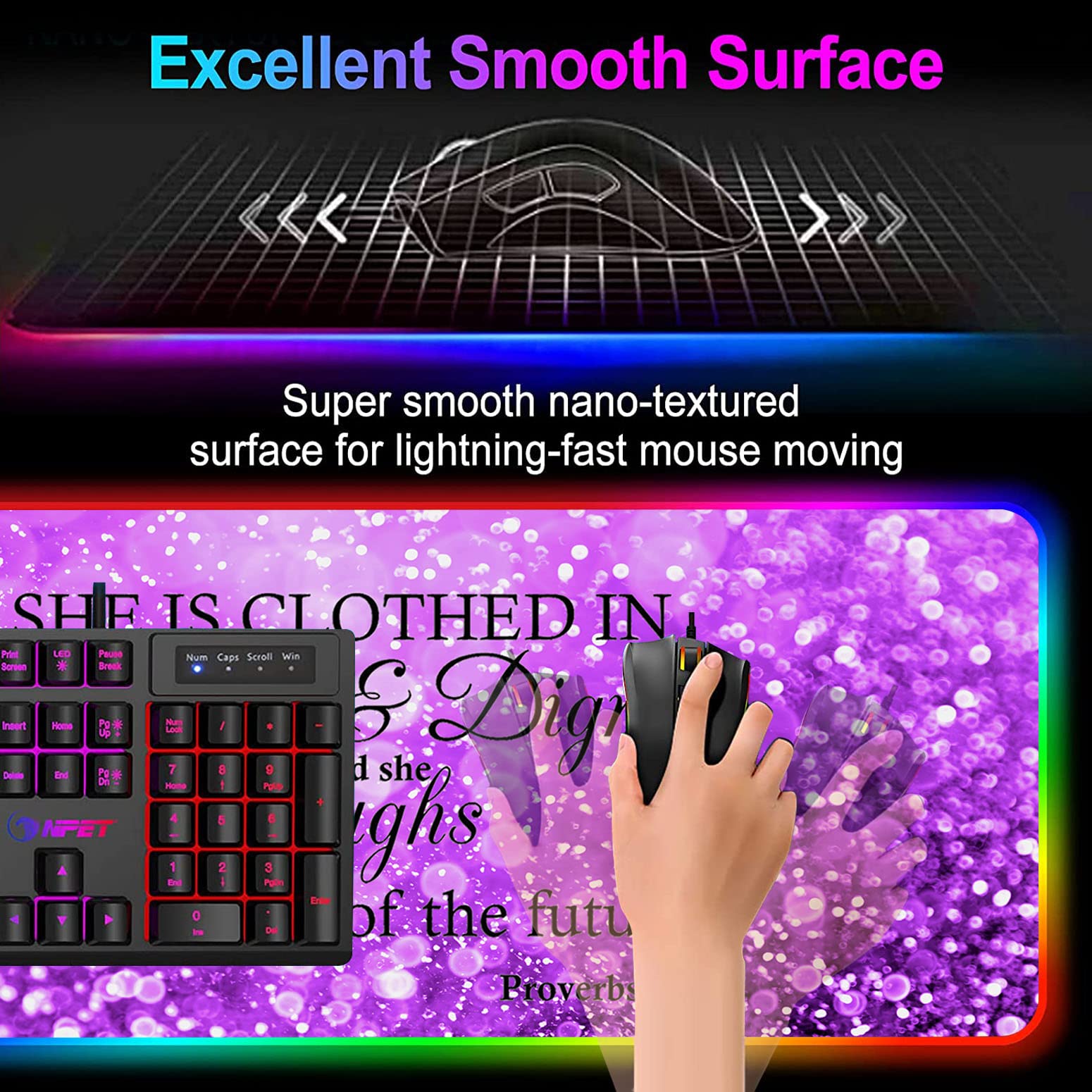 RGB LED Gaming Mouse Pad with Purple Sparkles - Large Non-Slip Waterproof Desk Mat for Keyboard & Mouse - Bible Verse Proverbs 31:25 Design - Perfect for PC Gaming, Office Work & Home Computer Setup
