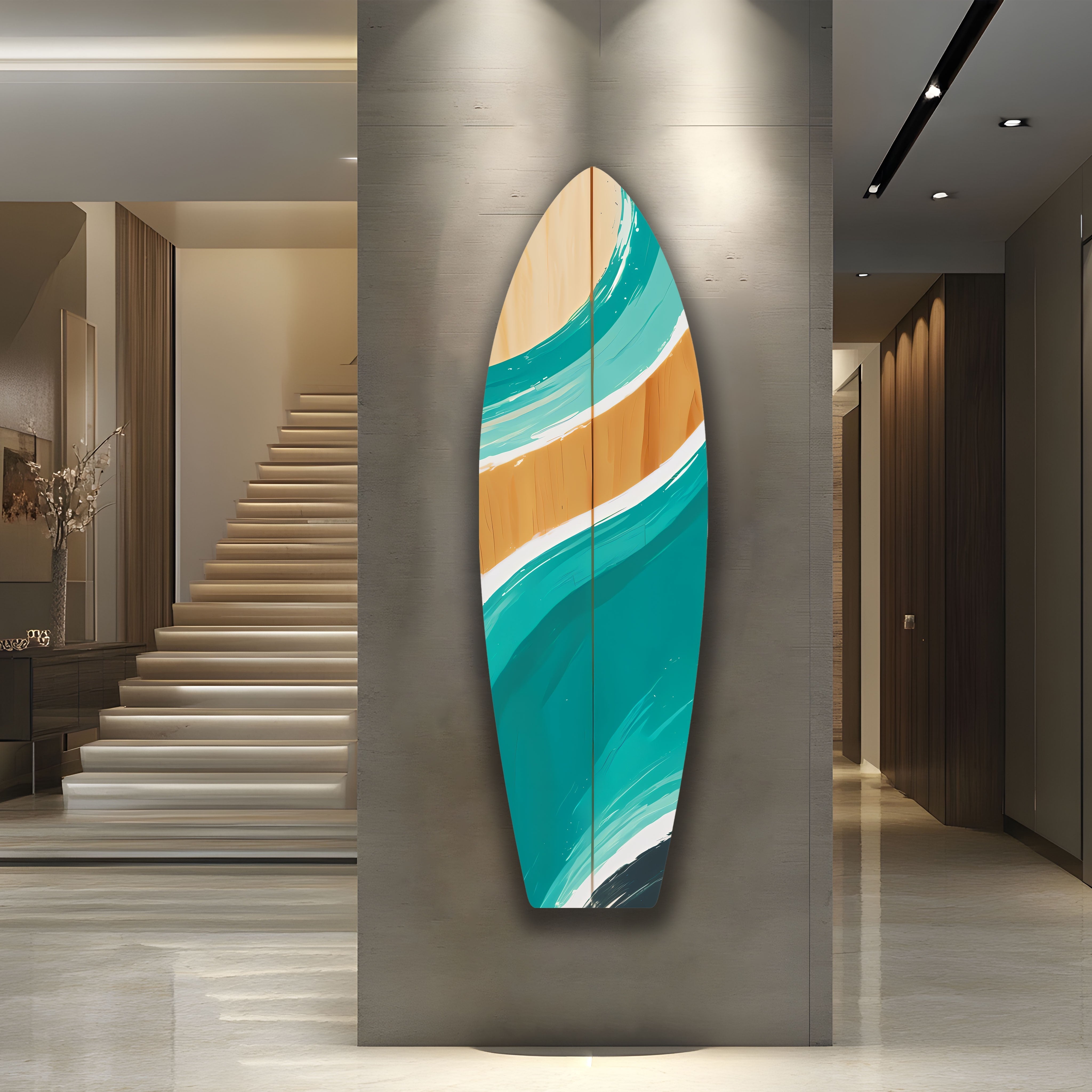 Blue and Brown Surfboard Wall Art Decor - Coastal Beach Theme Surfing Print for Living Room, Bedroom, or Office