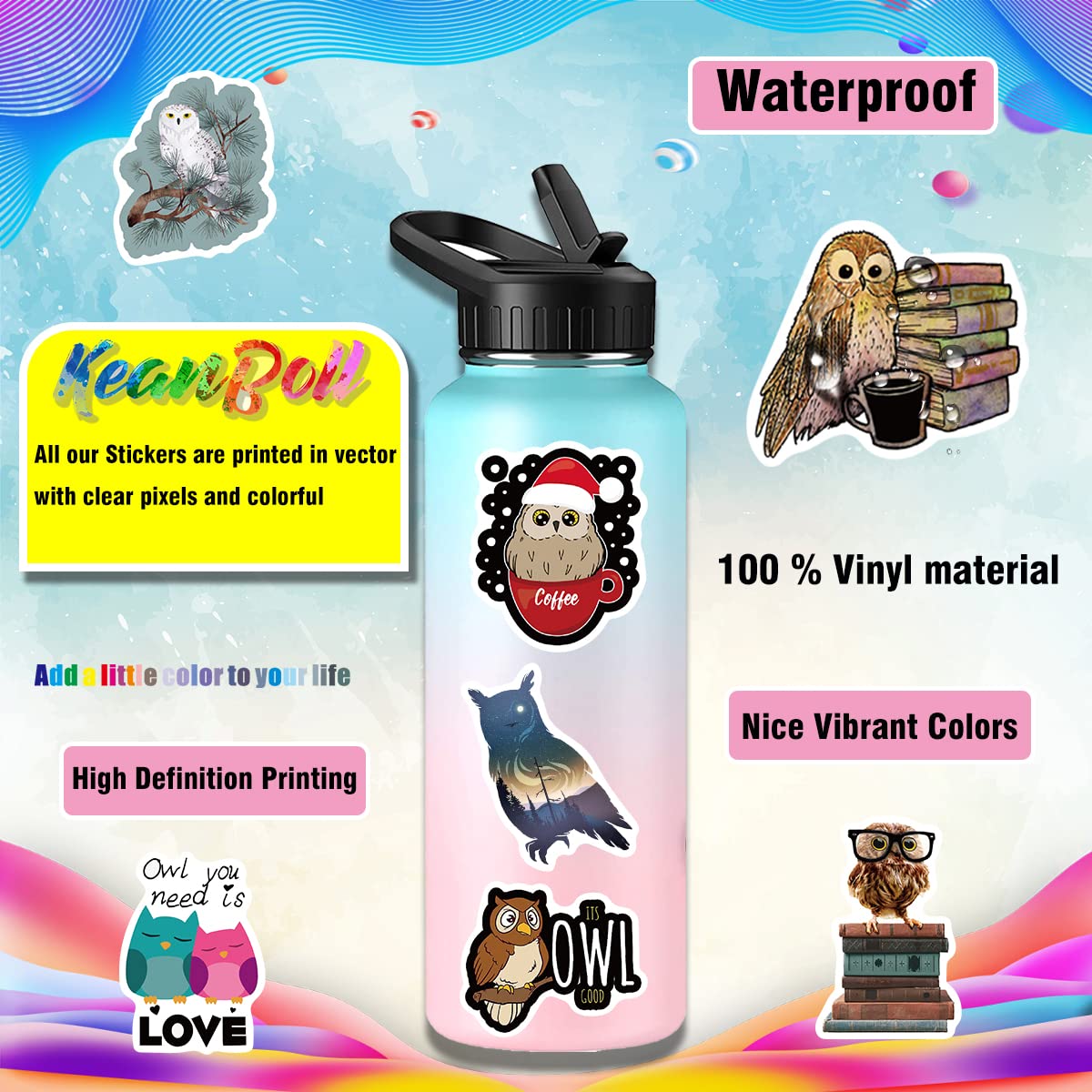 100pcs Cute Owl Stickers - Waterproof Vinyl Decals for Laptop, Water Bottle, Notebook, Phone - Perfect for DIY Crafts, Scrapbooking & School Supplies