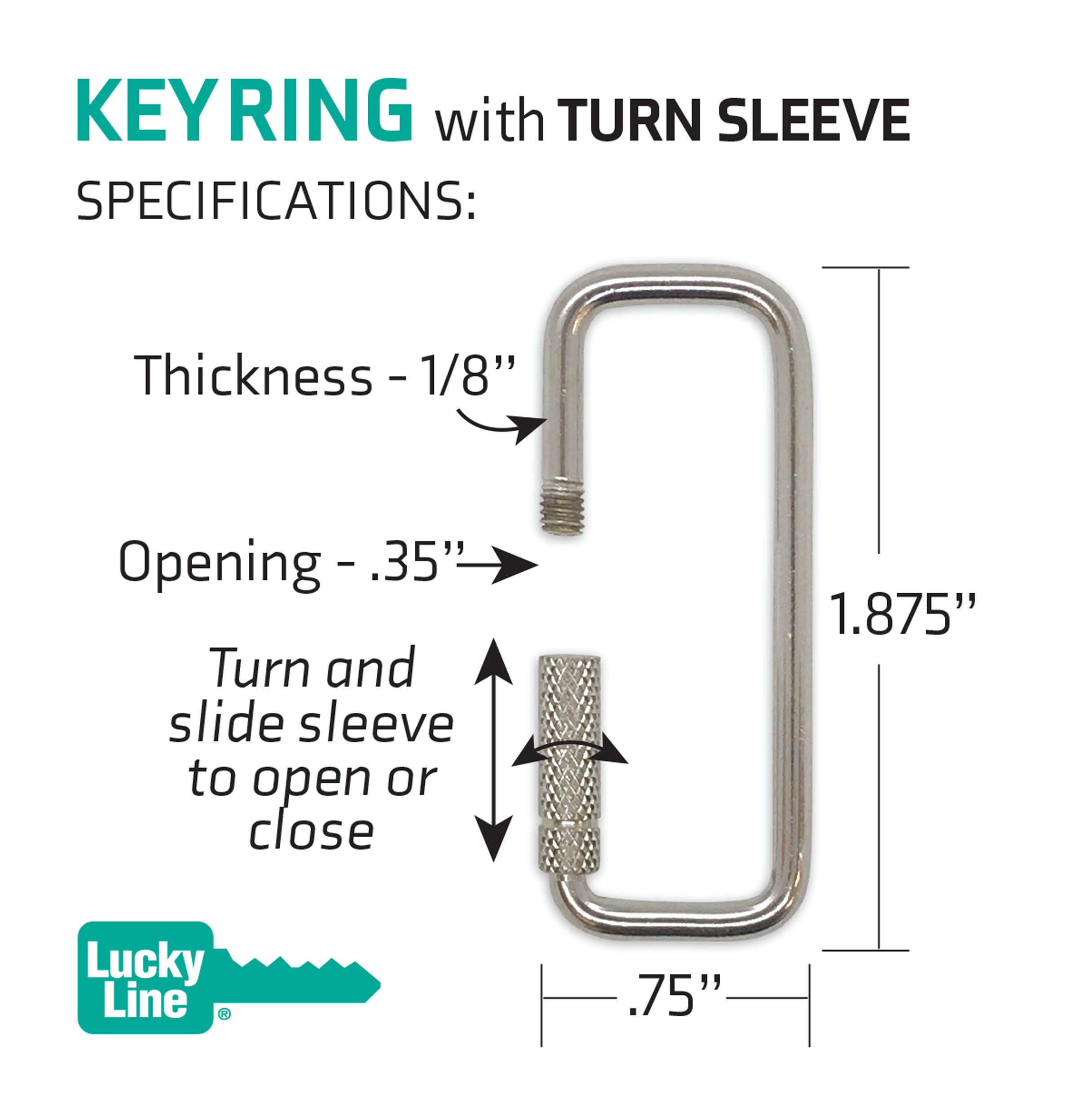 Lucky Line 2 Inch Rectangular Key Ring with Turn Twist Sleeve Closure - Silver (70201) | Durable Keychain for Home, Office, and Travel Organization