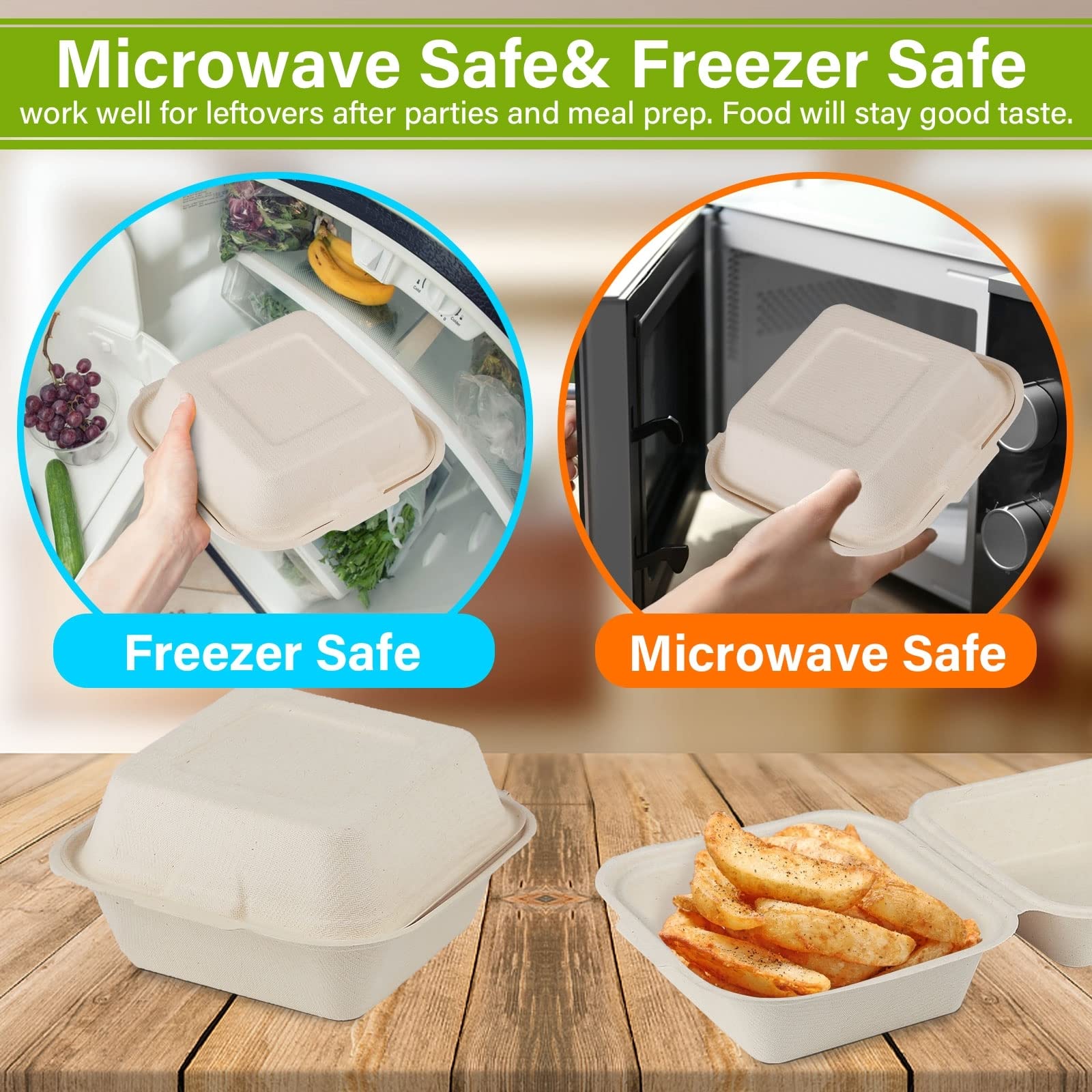 Eco-Friendly Compostable 6x6 Take Out Food Containers - 100 Pack Biodegradable Clamshell To-Go Boxes Made from Sugarcane Fiber | Heavy Duty Disposable Containers for Restaurants, Catering & Food Delivery Services