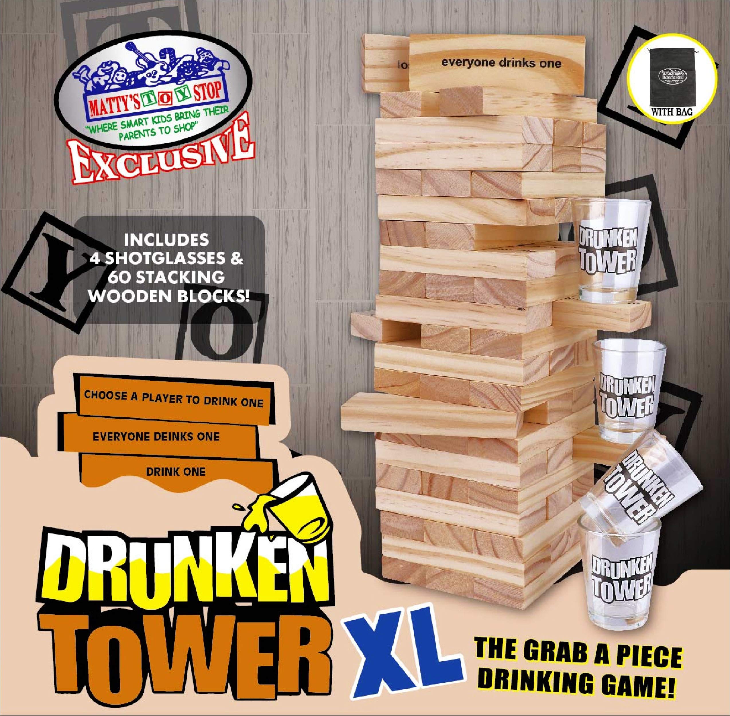 Matty's Toy Stop Deluxe 60-Piece XL Wooden Drunken Tower Game Set with Shot Glasses & Storage Bag - Fun Adult Drinking Party Game for Bars, Game Nights & Social Gatherings