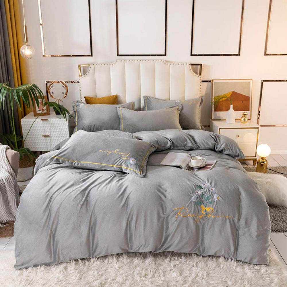Luxury Magic Velvet Fleece Bedding Set - Embroidered Thick Crystal Velvet 4-Piece Set for Winter (1.5m Bed) | Soft Coral Velvet & Flannel Double-Sided Design in Grey Floral Pattern | Perfect for Cozy Nights & Baby Nurseries