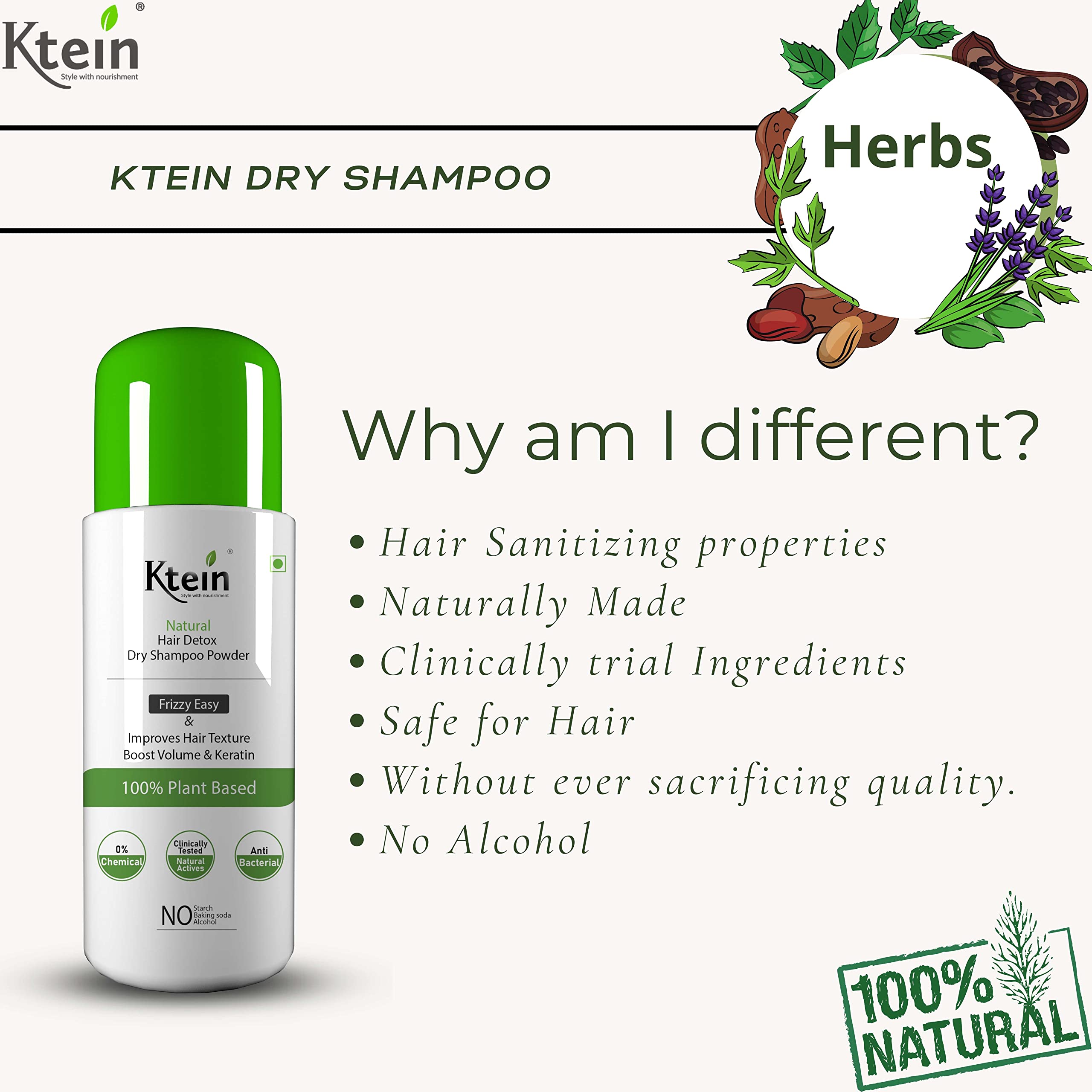 Ktein Natural Detox Dry Shampoo for Oily Hair - Volumizing & Refreshing Hair Care Solution | Perfect for Travel, Gym & Busy Mornings