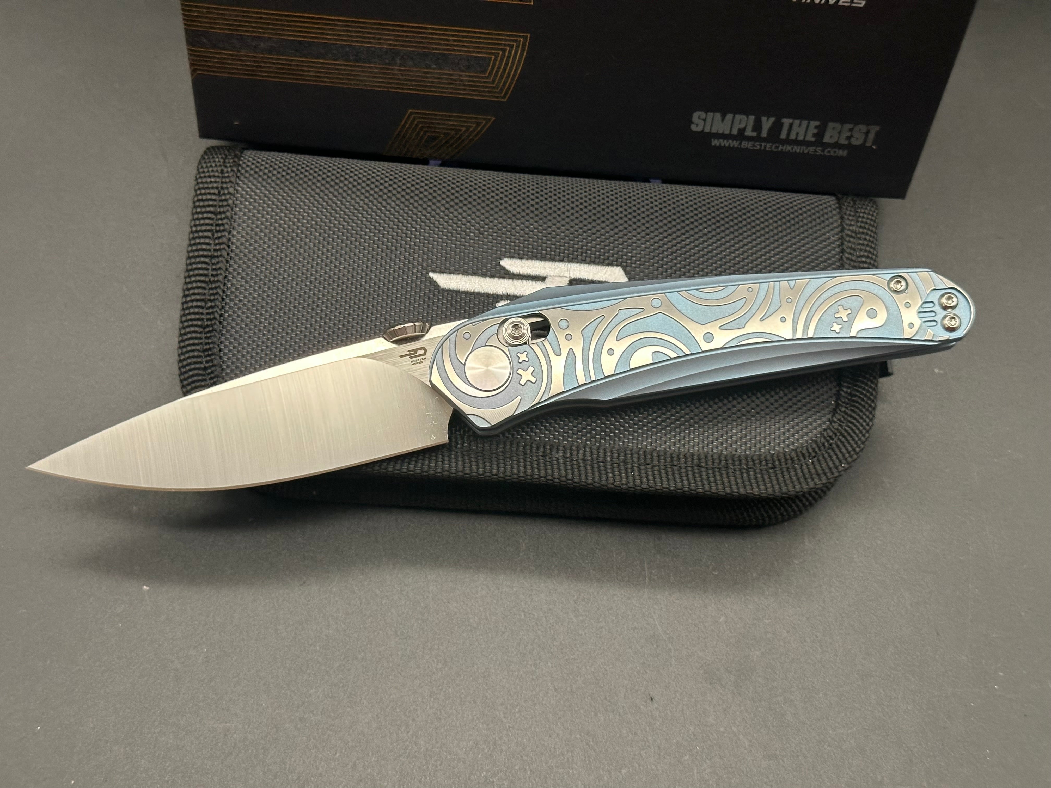 Bestech Mothus Folding Knife - Blue Titanium Handle, M390 Steel Plain Edge, Satin Finish BT2206A | EDC, Outdoor Camping, Hunting & Survival Gear