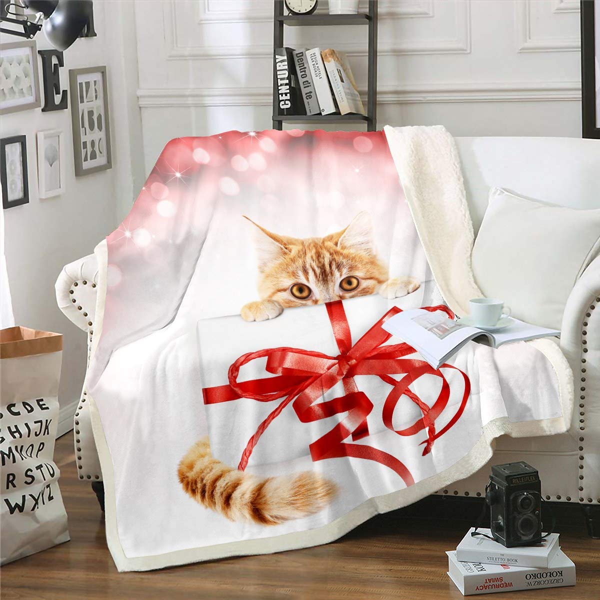 Cozy 3D Cat Sherpa Fleece Throw Blanket for Pets & Kids - Soft Plush Warm Blanket for Couch, Bed, Sofa (60