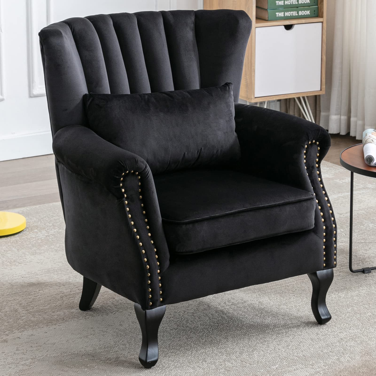 Mid Century Modern Accent Reading Arm Chair - Tufted Wingback Club Chair with Velvet Upholstery for Living Room, Bedroom & Reception Areas - Comfy Corner Sofa Chair for Relaxing, Reading & Waiting Rooms - Black