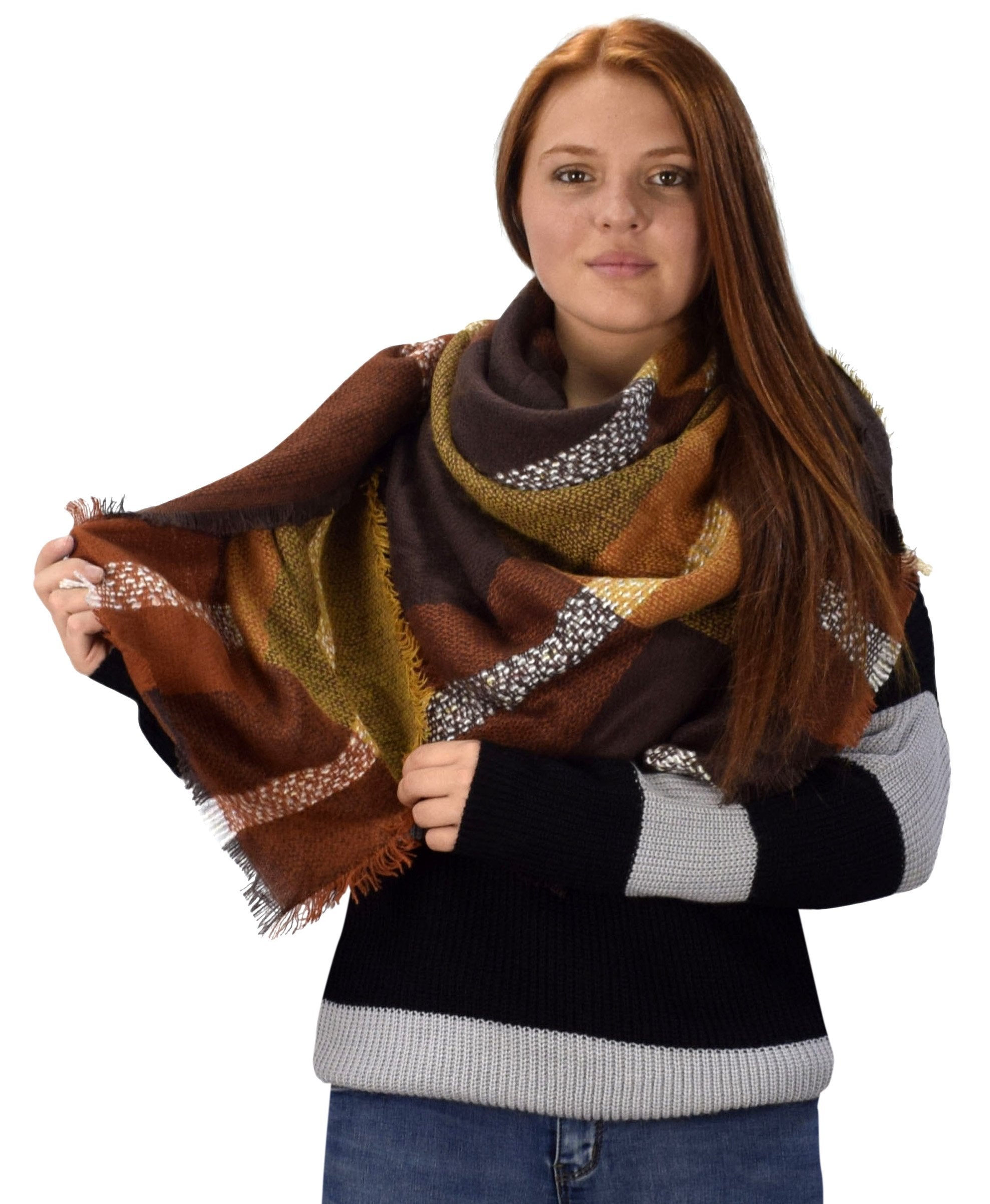 Tan Brown Multicolor Tartan Plaid Oversized Blanket Scarf - Soft Winter Shawl Wrap & Poncho for Women | Perfect for Cold Weather, Travel, and Outdoor Activities
