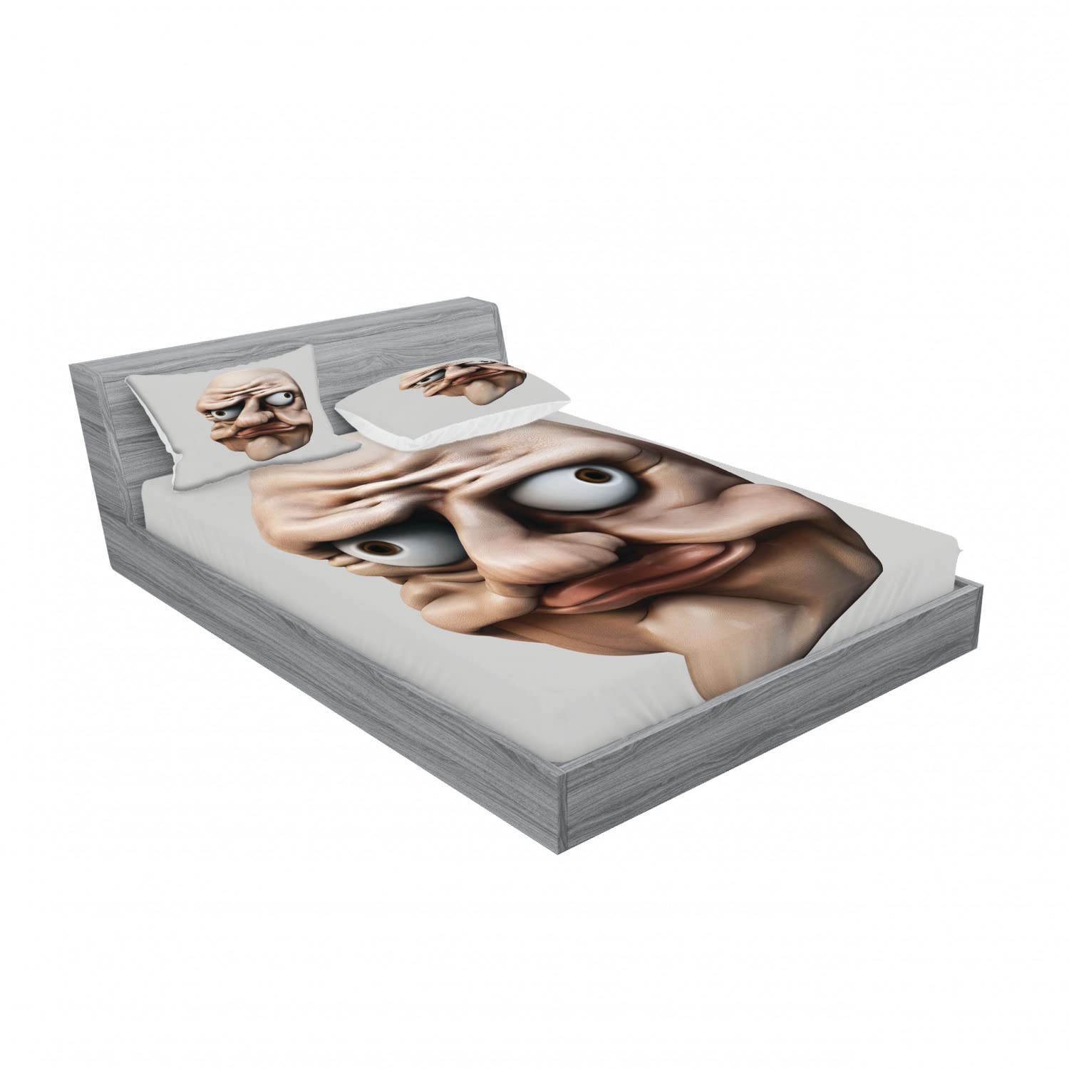 Ambesonne 2-Pack Queen Size Fitted Sheets & Pillow Sham Set - Funny Grumpy Internet Troll Design (4-Piece Bedding Set in Eggshell & Tan) - Perfect for Teen Bedrooms, Dorm Decor & Gift Ideas