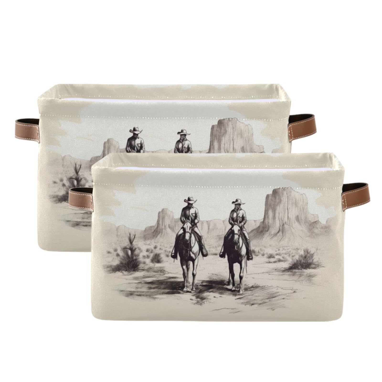 Western Cowboy Style Foldable Fabric Storage Baskets with Leather Handles - 2 Pack Organizer Bins for Closet, Bedroom, Nursery & Office - Perfect for Home Organization & Western Decor