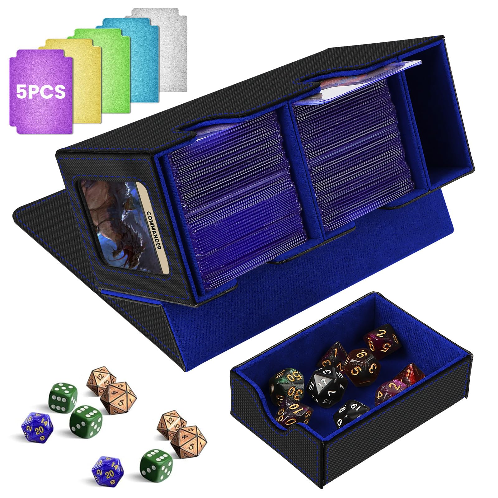 Premium MTG Deck Box for Commander - Magic the Gathering Card Storage with Dice Tray, 2 Dividers & 35PT Magnetic Holder - Holds 200+ Sleeved Cards (Black & Blue) - Perfect for MTG Tournaments, Game Nights & Card Collection Organization