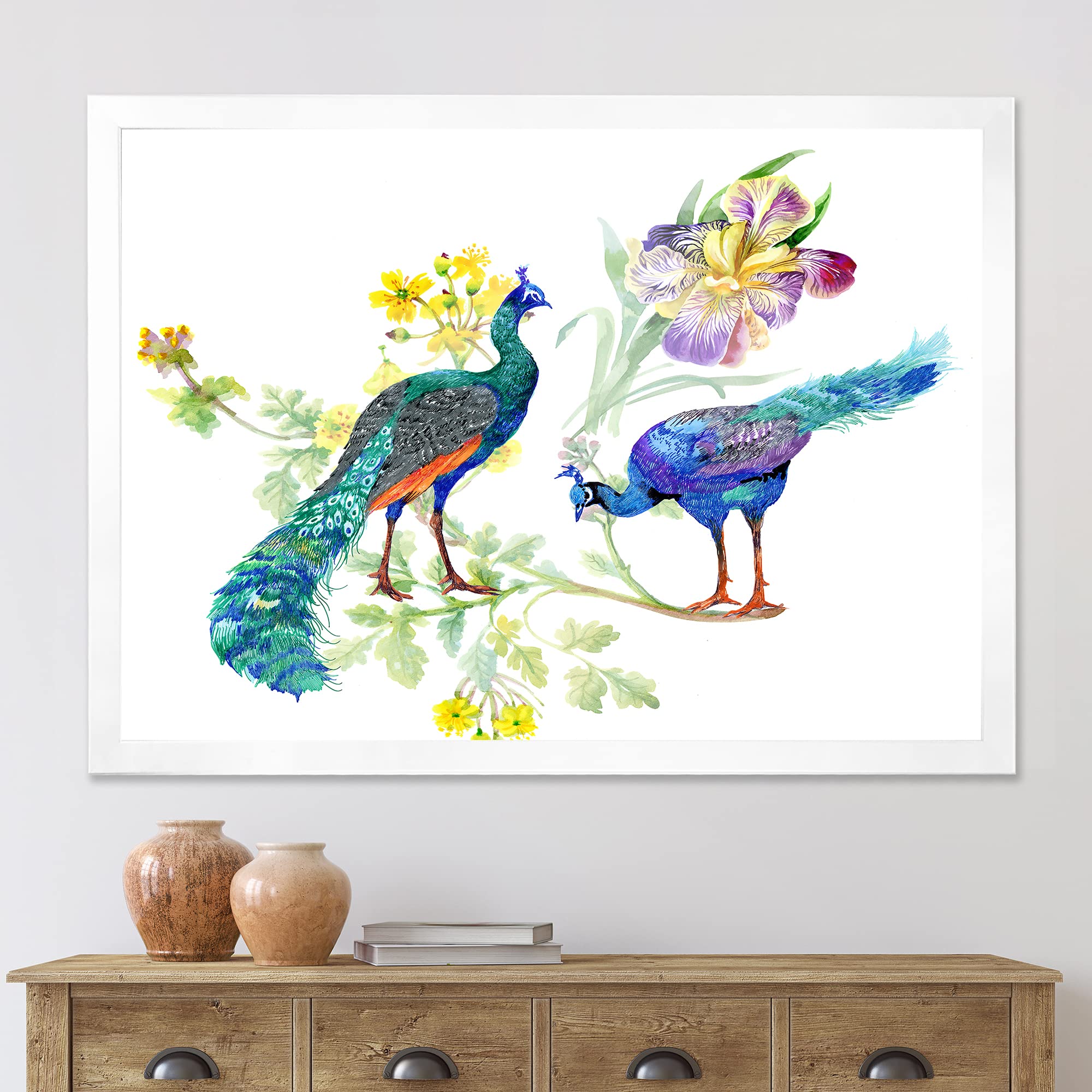DesignQ Peacocks and Iris Flowers Traditional Framed Wall Art - Elegant Home Decor for Living Room, Bedroom & Office | Perfect Gift Idea