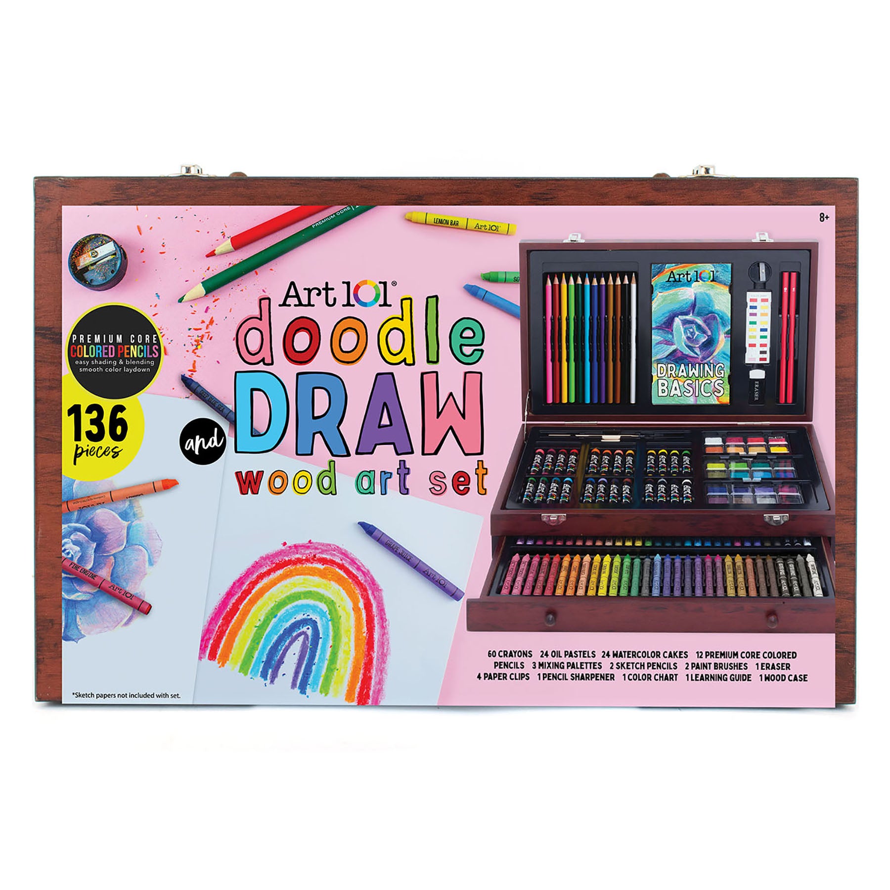 Art 101 Doodle & Draw Deluxe 136-Piece Multimedia Art Set in Wooden Case - Perfect for Artists, Students & Creative Projects