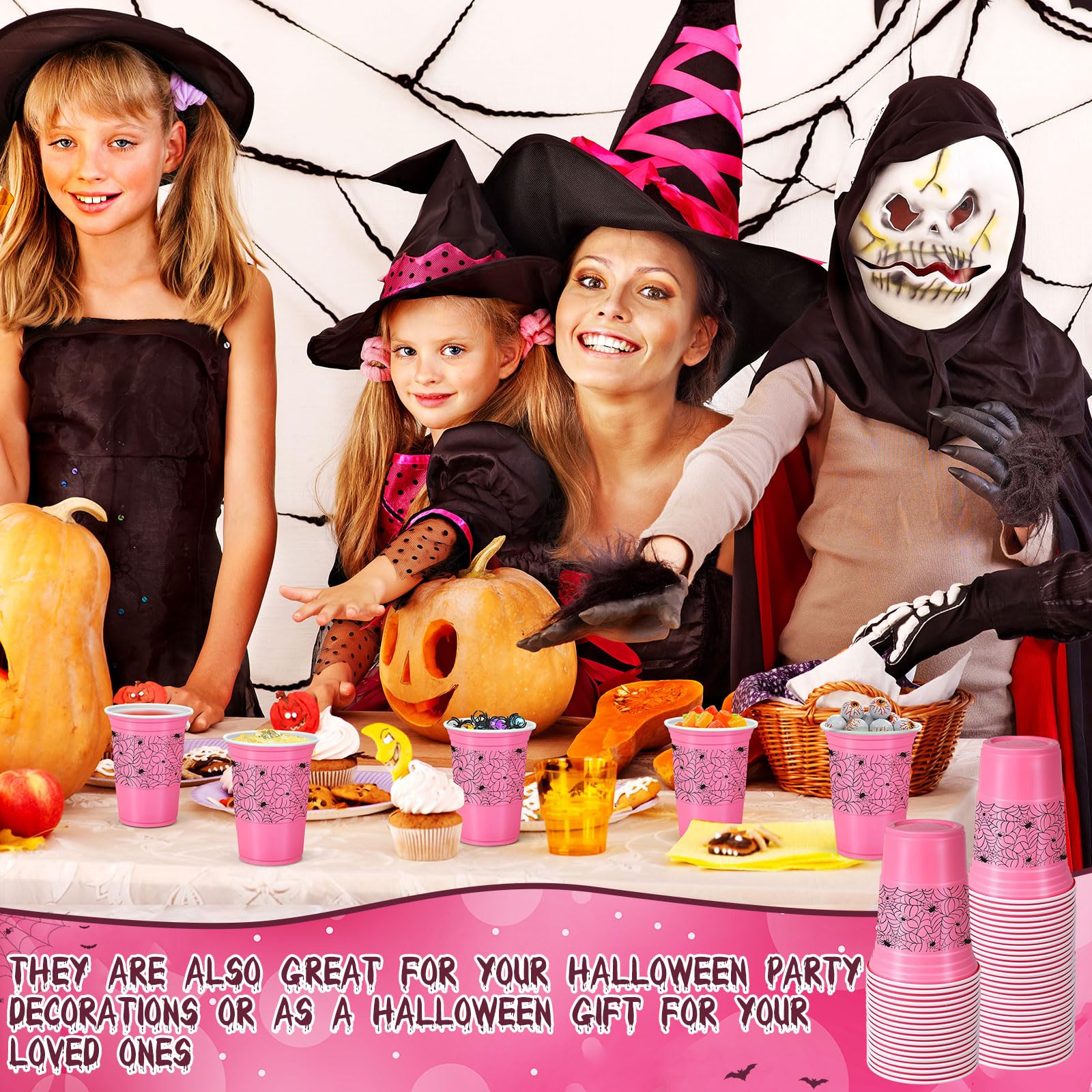50 Pcs 16oz Halloween Plastic Cups - Spider Web Design Disposable Party Cups for Hot & Cold Drinks - Halloween Party Decorations & Favors (Pink) - Perfect for Halloween Parties, Trick-or-Treat Events & Fall Gatherings