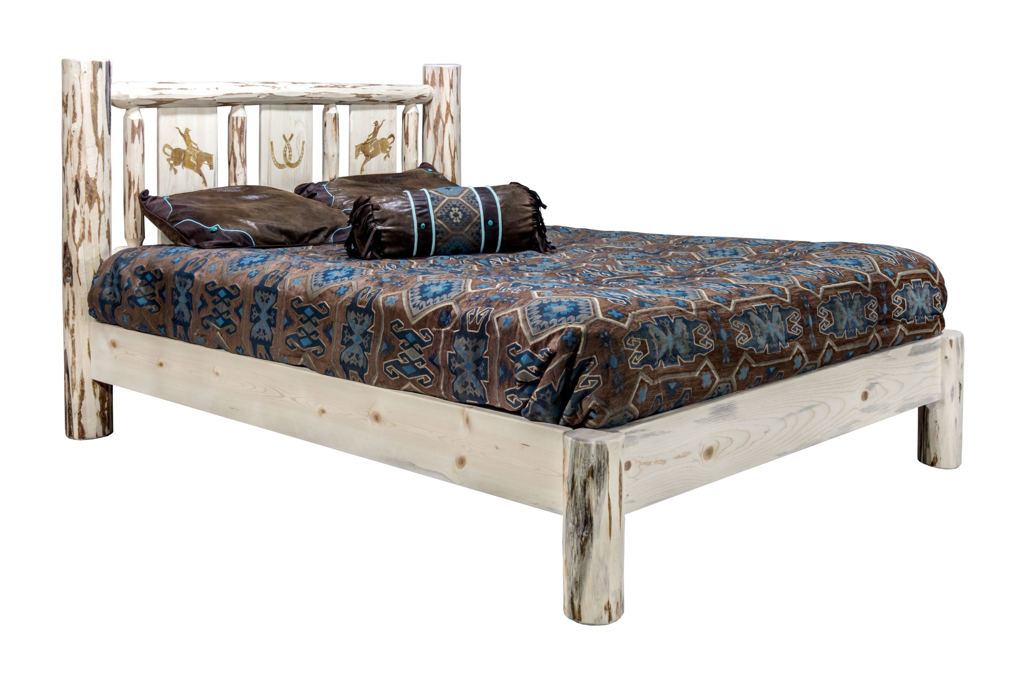 Montana Platform Bed with Laser Engraved Design - Solid Wood Frame & Clear Lacquer Finish - Modern Minimalist Bedroom Furniture for Small Spaces & Loft Apartments