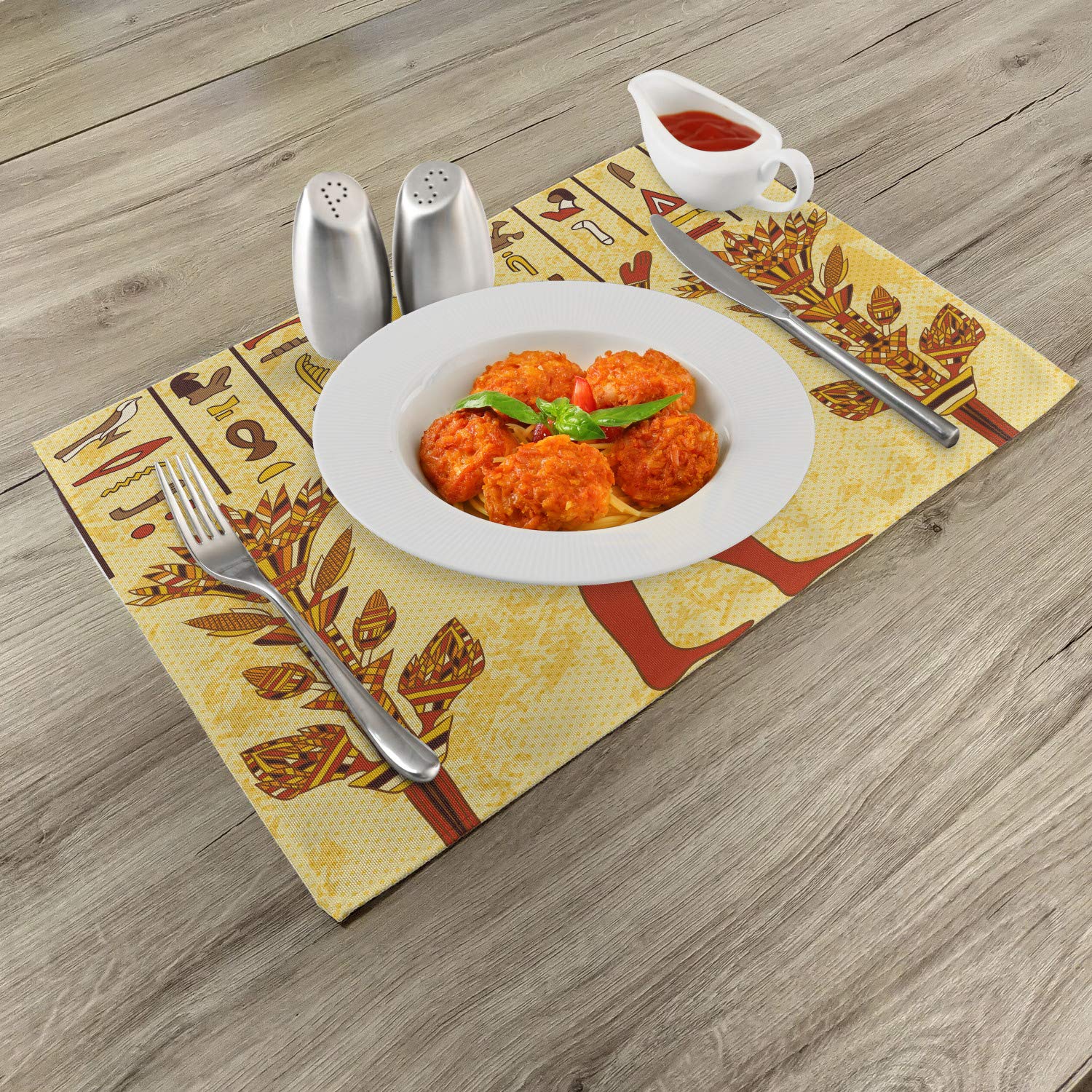 Ambesonne Ethnic Placemats Set of 4 - Egyptian Hieroglyph Retro Myth Papyrus Design Washable Fabric Table Mats for Dining Room & Kitchen Decor in Pale Yellow & Marigold Red | Perfect for Dinner Parties, Holiday Gatherings & Everyday Use