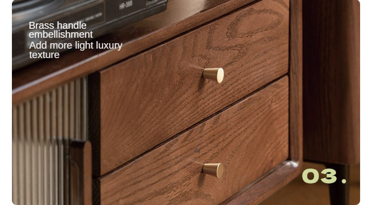 Solid Oak Wood TV Stand with Glass Sliding Doors - Modern Entertainment Center for Living Room, Bedroom & Home Theater