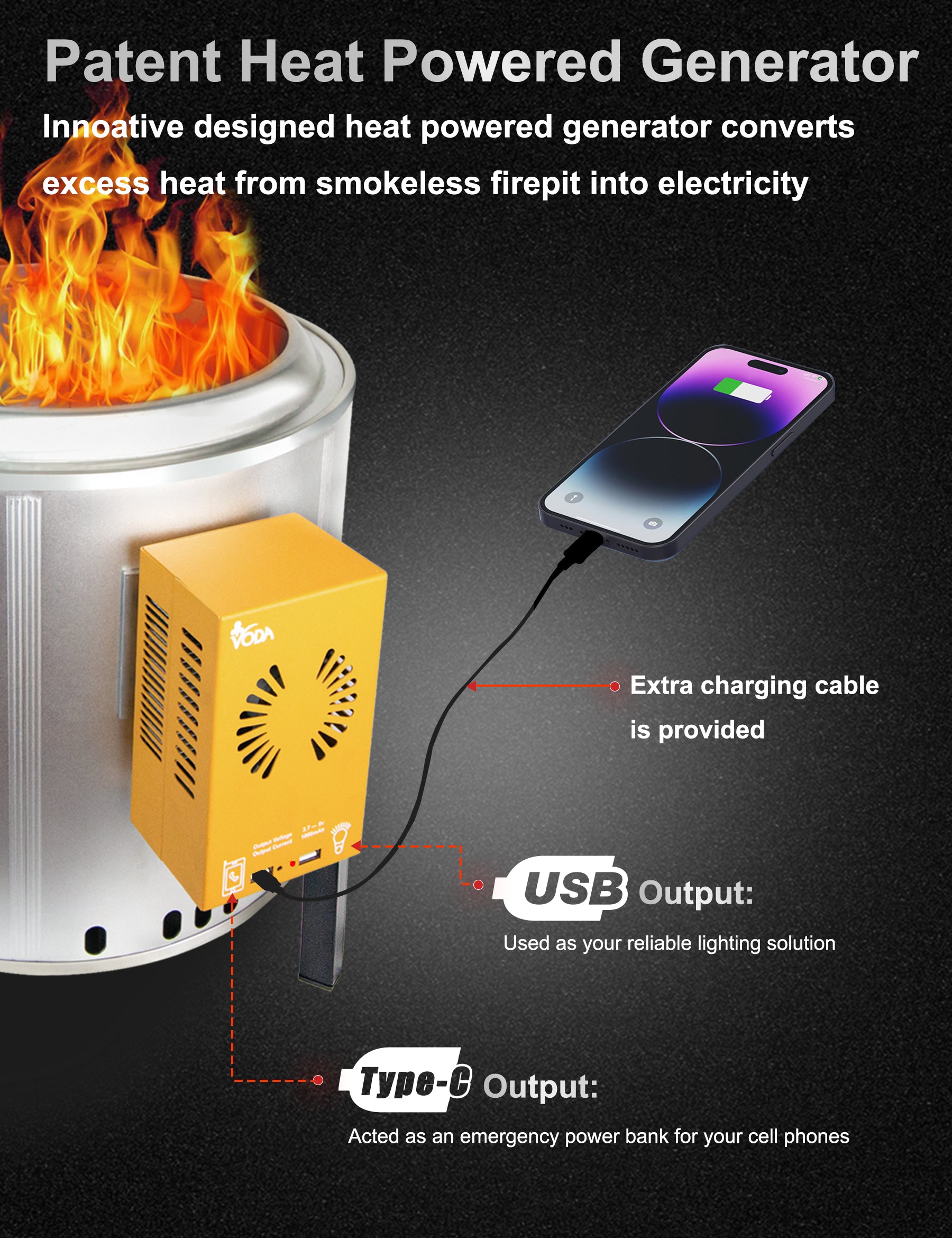 VODA 15'' Large Smokeless Fire Pit with Heat-Powered Generator - Portable Outdoor Camping Fire Pit for Phone Charging & Lighting Power Supply