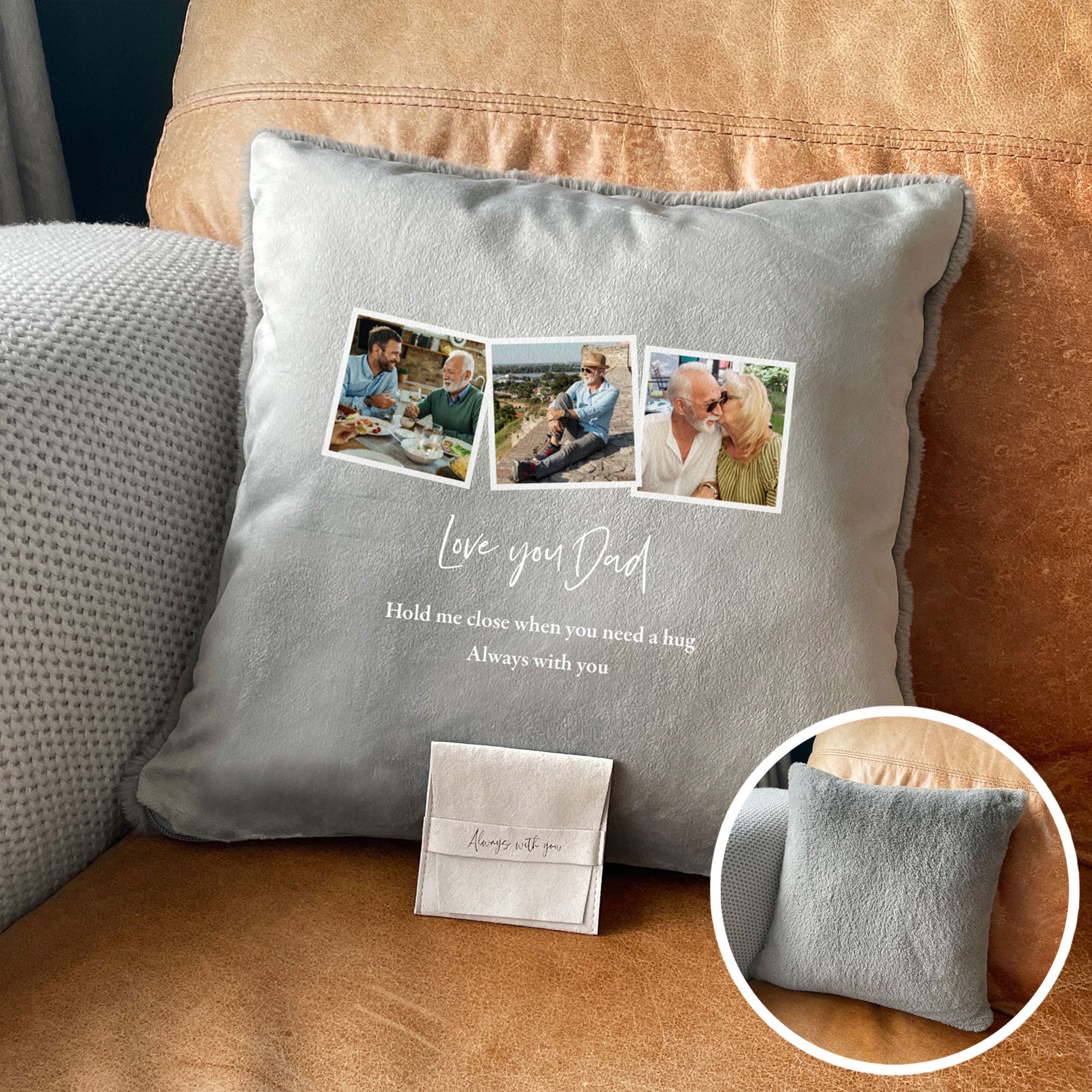 Personalized Memorial Cushion with 3 Photo Frames - Faux Fur Keepsake Pillow for Ashes - Comforting Bereavement Gift for Home, Office, or Memorial Display