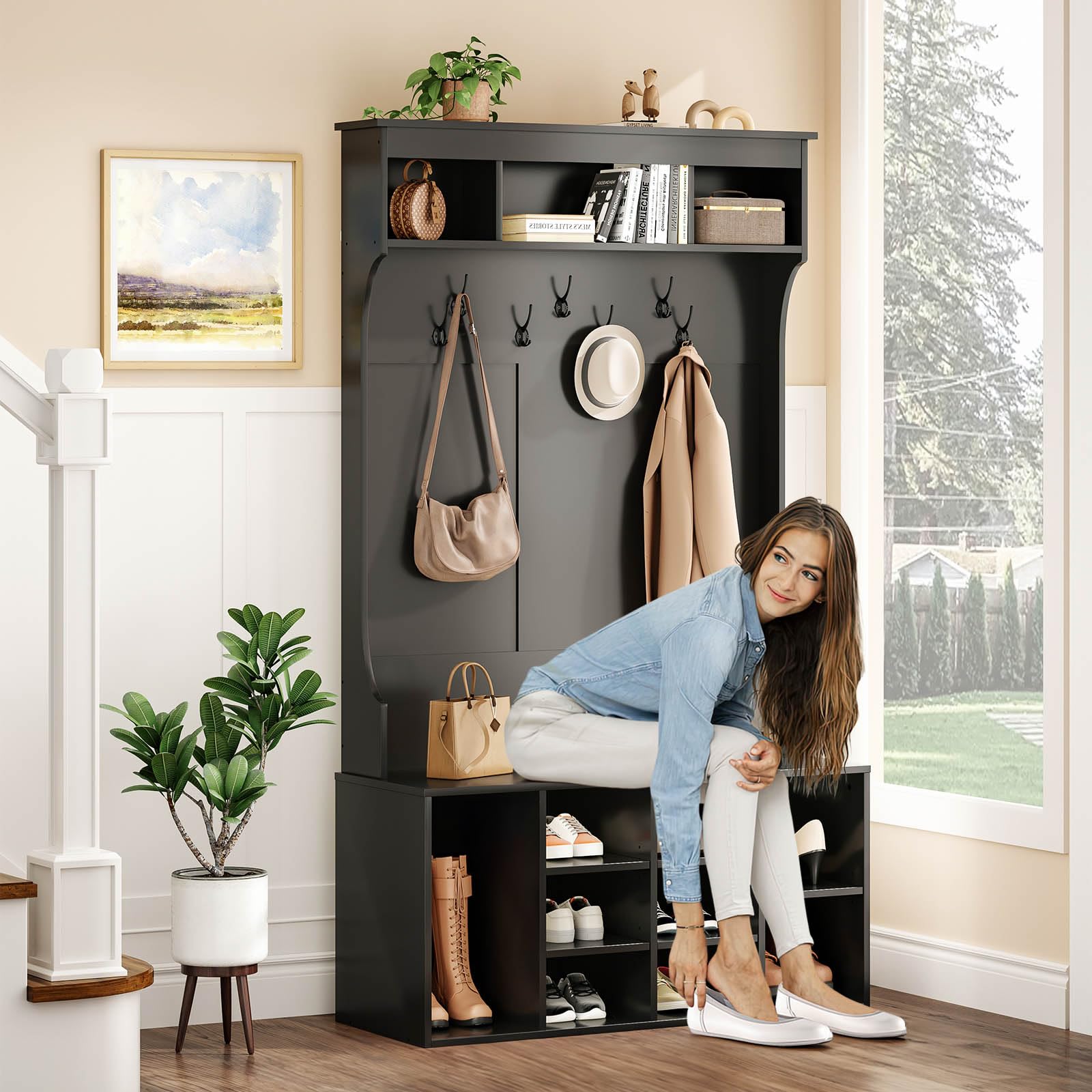 Soohow 70.9 Inches Freestanding Hall Tree with Bench & Shoe Storage - Entryway Organizer with 7 Coat Hooks, Adjustable Mudroom Bench - Perfect for Entryway, Foyer, Mudroom & Home Organization (Black)