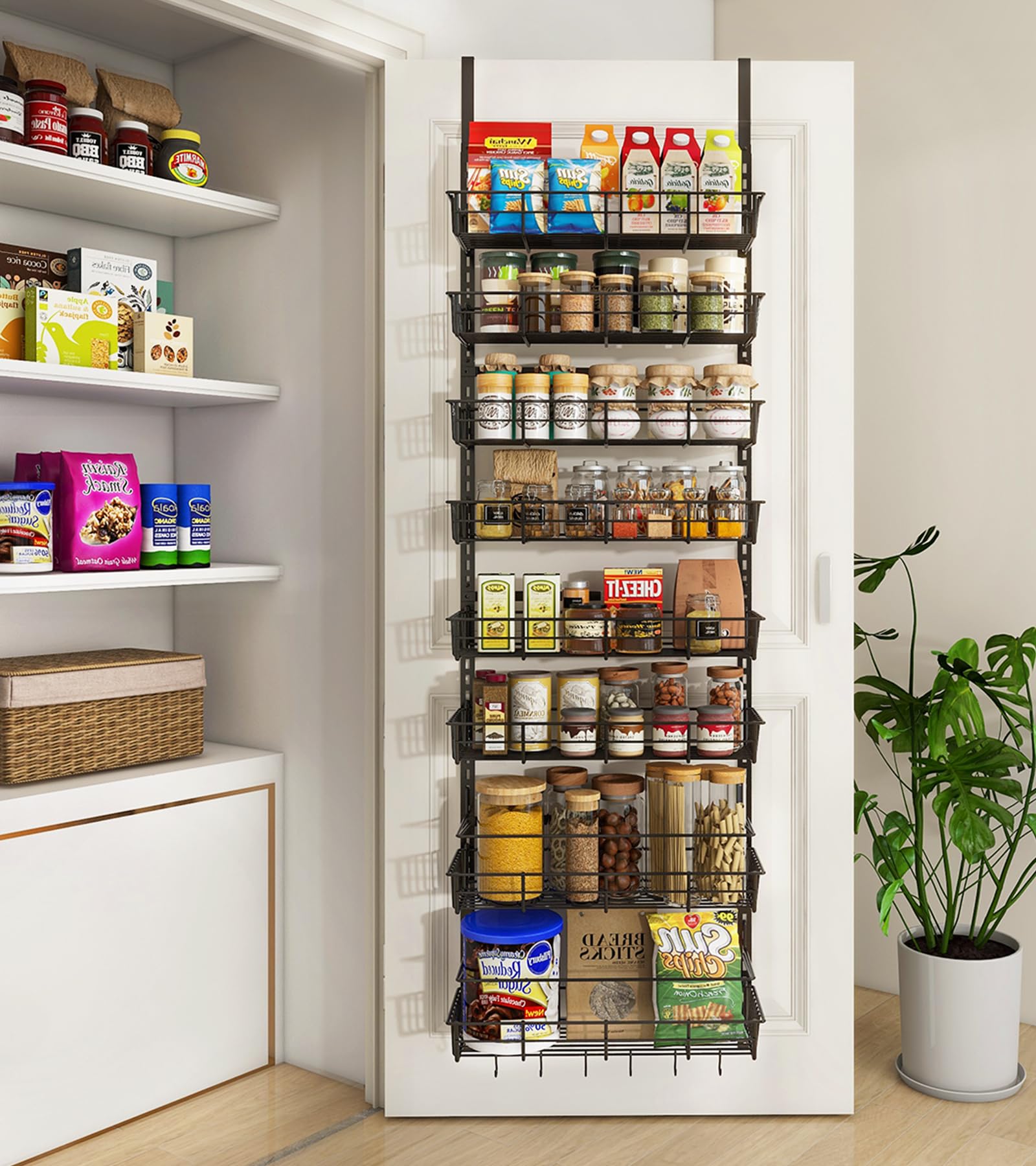 Over The Door Pantry Organizer - Heavy Duty Metal Wall Mount Spice Rack with 8 Adjustable Baskets, Hanging Storage for Kitchen & Home Organization - Black (Perfect for Small Spaces, Pantry Doors, and Seasoning Storage)
