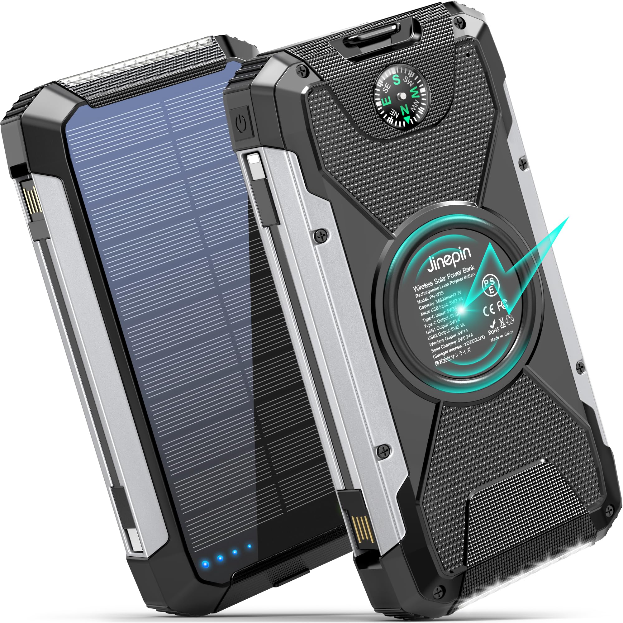 Jinepin 38600mAh Solar Charger Power Bank - 15W Fast Charging Portable Solar Panel with 5V/3A Output, 4 USB Ports & LED Flashlight - Ideal for Camping, Hiking, Emergency Power Supply (Black)