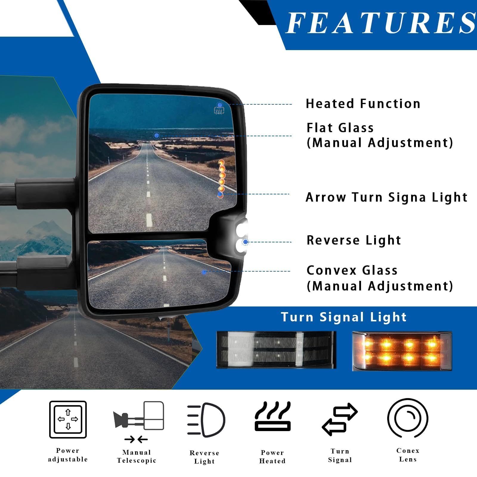 PZ Towing Mirrors for 2014-2018 Chevy Silverado Suburban & GMC Sierra 1500/2500/3500 HD - Chrome Power Heated LED Arrow Light with Smoked Turn Signal & Clearance Lamp (Pair) - Perfect for Towing, RV Camping & Off-Road Adventures