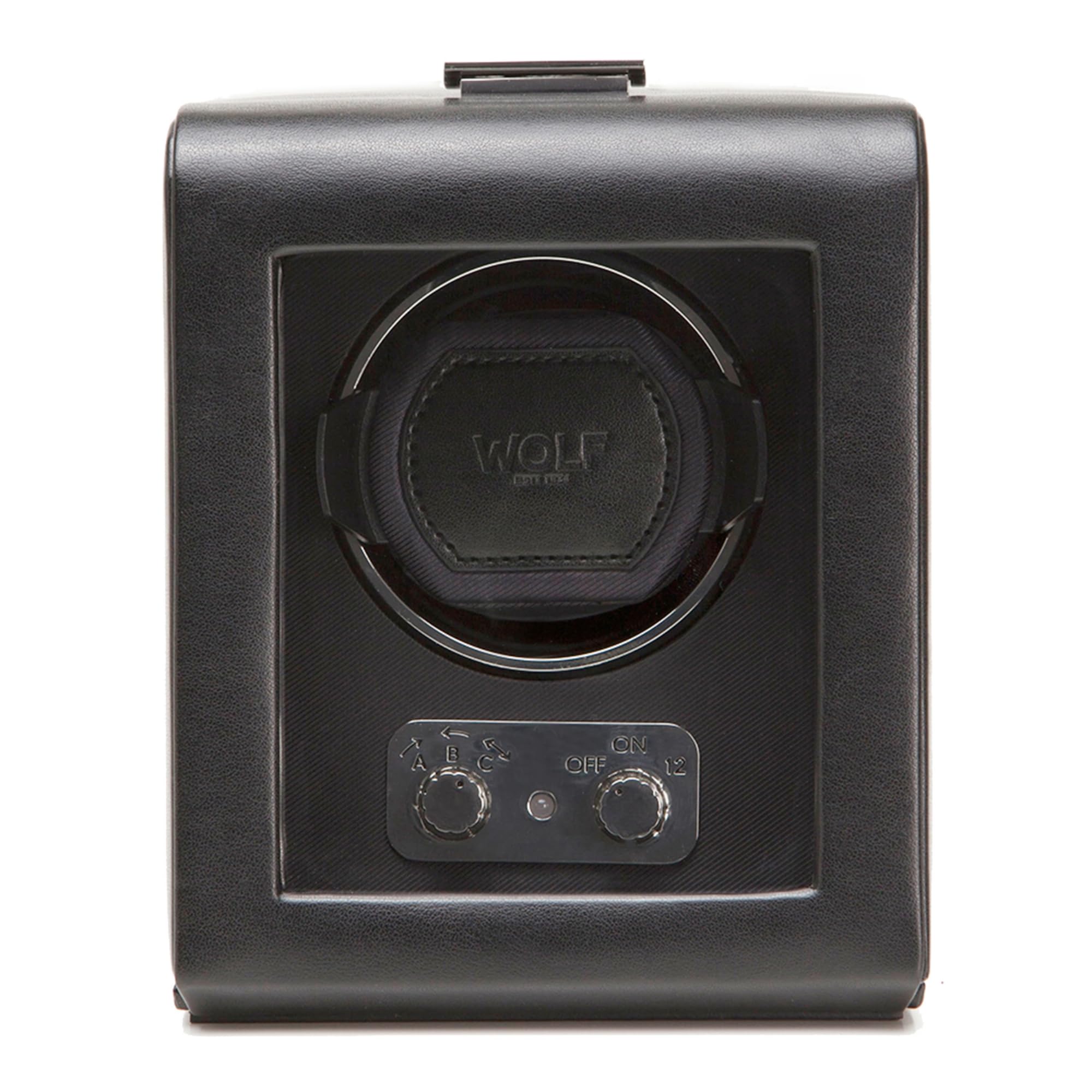 WOLF Heritage Single Watch Winder with Glass Cover - Black Vegan Leather for Large Heavy Watches - Secure Fit Patented Lock-in Dynamic Cuff - Includes Universal Adapter - Perfect for Watch Collectors & Luxury Timepiece Storage