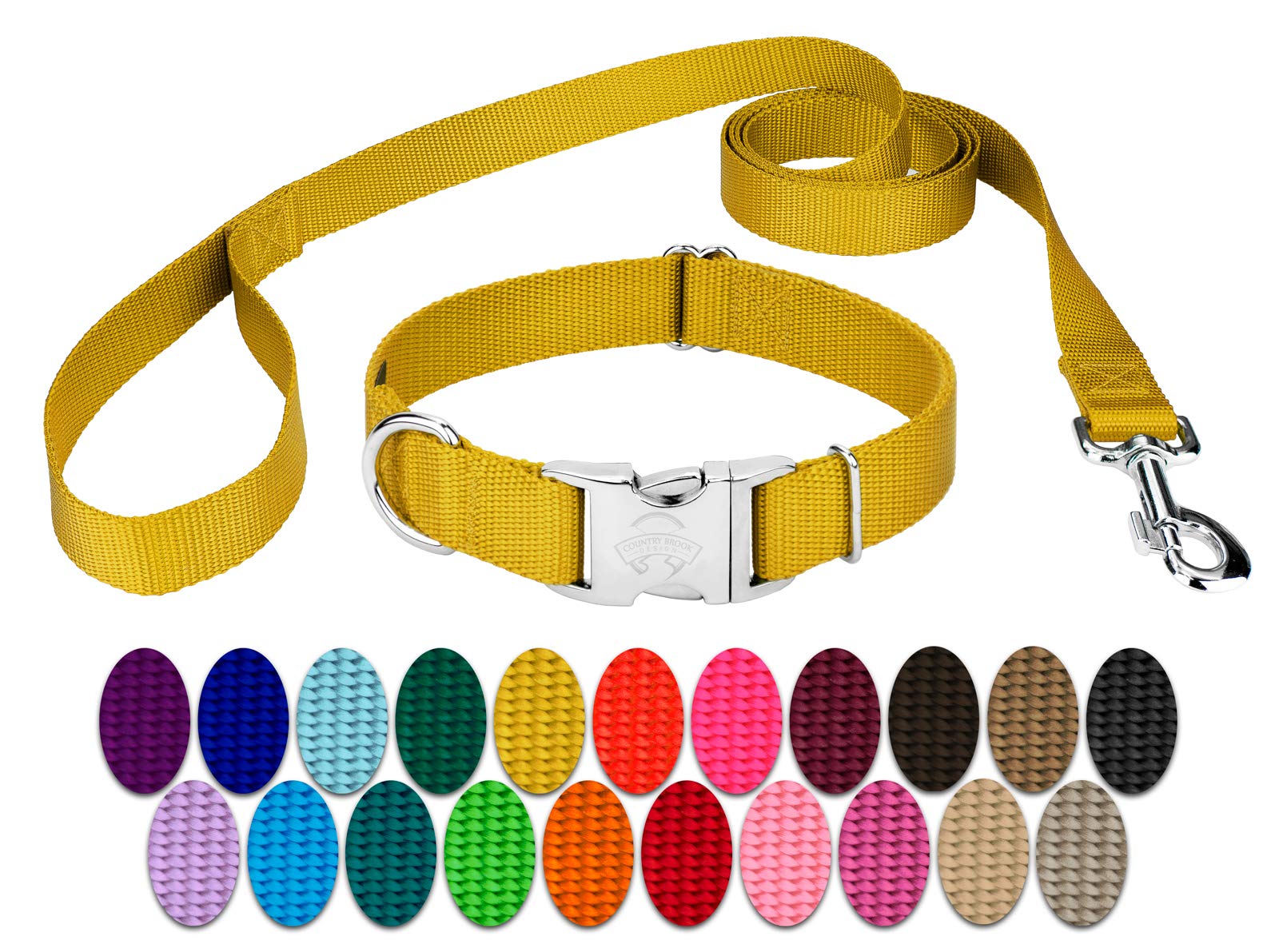 Premium Nylon Dog Collar and Leash Set for Small Medium Large Dogs - 30+ Vibrant Colors (3/4 Inch, Gold) - Durable Walking Accessories for Training, Outdoor Adventures & Daily Walks