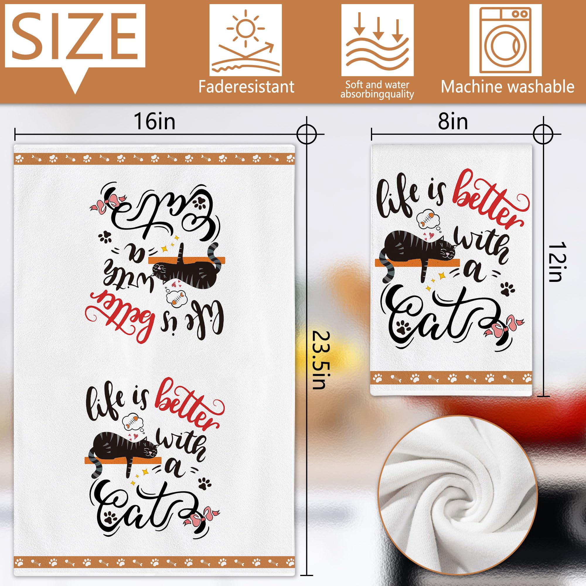 Hexagram Cat Lover Gifts for Women - Set of 4 Funny Cat Kitchen Towels, Cute Cat Tea Towels & Hand Towels - Perfect Cat Mom Gifts, Housewarming Presents & Kitchen Decor - Ideal for Daily Use, Dish Drying & Home Decoration