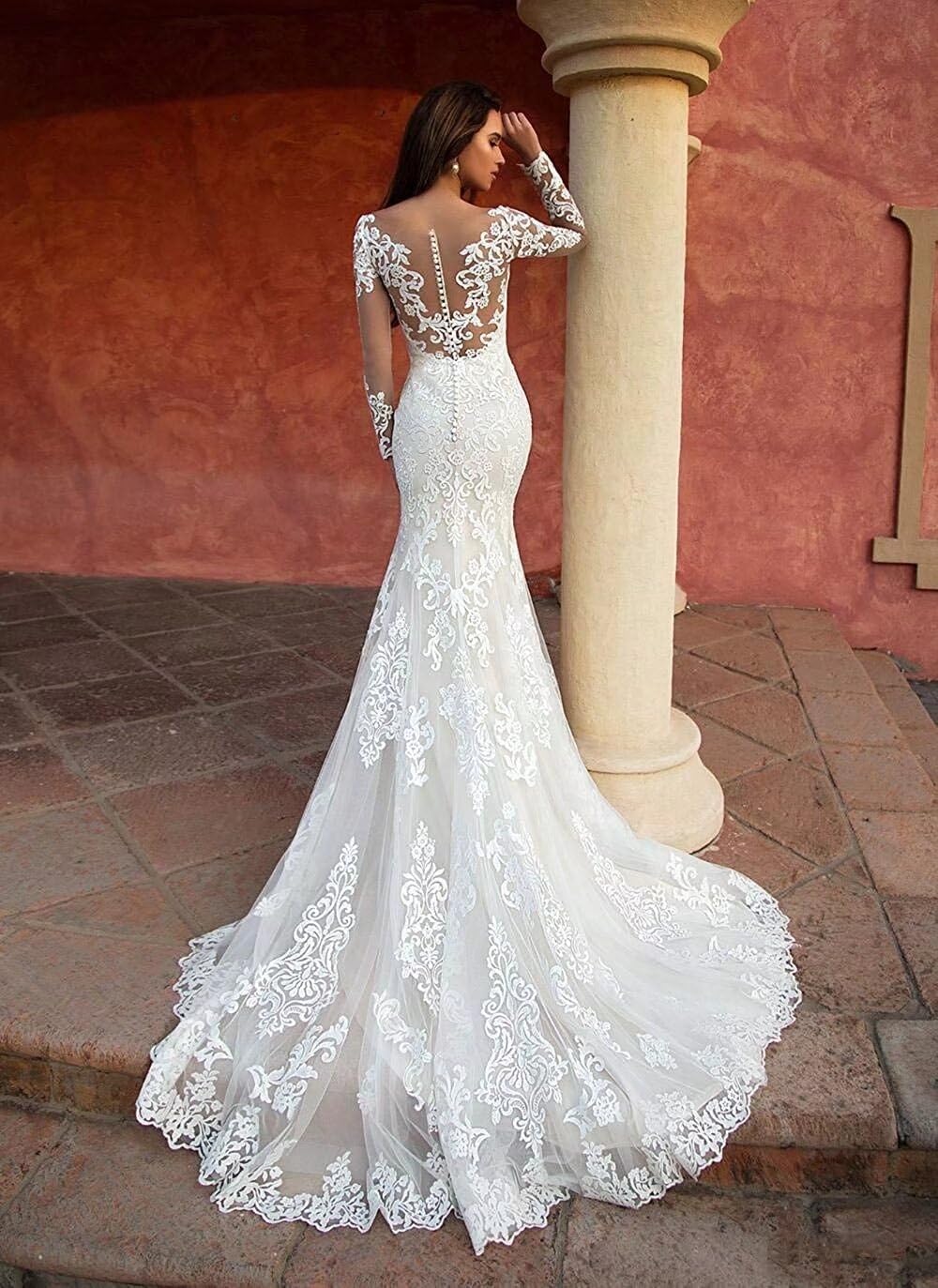 Elegant 2024 Modest Mermaid Wedding Dresses | Long Sleeve Lace Bridal Gowns with Cathedral Train | Perfect for Beach, Church & Formal Weddings
