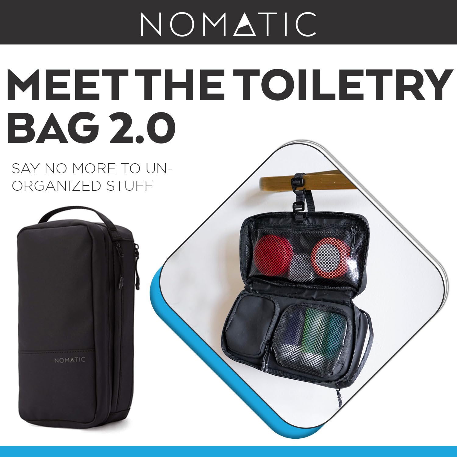NOMATIC Large Travel Toiletry Bag V2 - Waterproof Hanging Organizer for Toiletries & Makeup - Perfect for Airplane, Camping & Gym Essentials (Black)