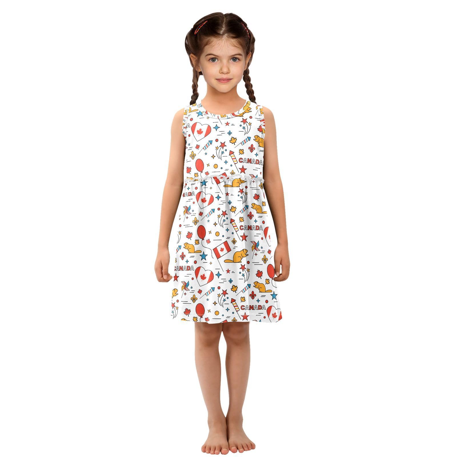 Canada Day Beavers Print A-Line Little Girls Dress - Cute & Comfy Spring Outfits for Holiday Celebrations & Outdoor Play