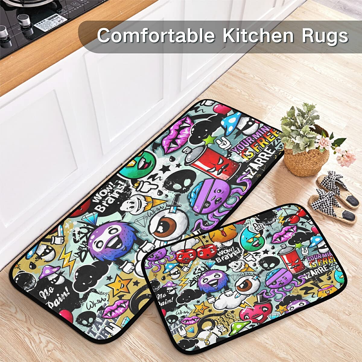 Non-Slip Washable 2-Piece Kitchen Runner Rug Set - Bizarre Elements Characters Design for Sink Floor, Laundry Room & Home Decor | Soft Anti-Skid Mats for High Traffic Areas