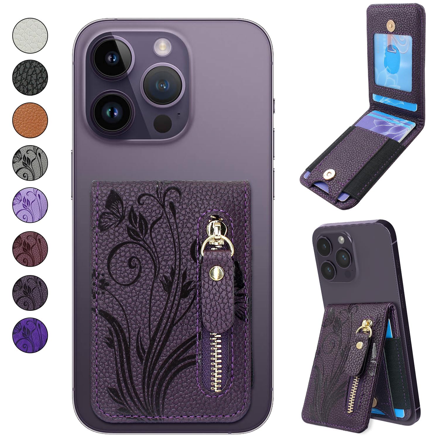 Stick-on Zipper Card Holder with Kickstand for iPhone, Samsung, Moto, BLU & Nokia Phones - Floral Midnight Purple | Adhesive Phone Wallet for Credit Cards, ID & Cash (Perfect for Travel, Shopping & Daily Use)