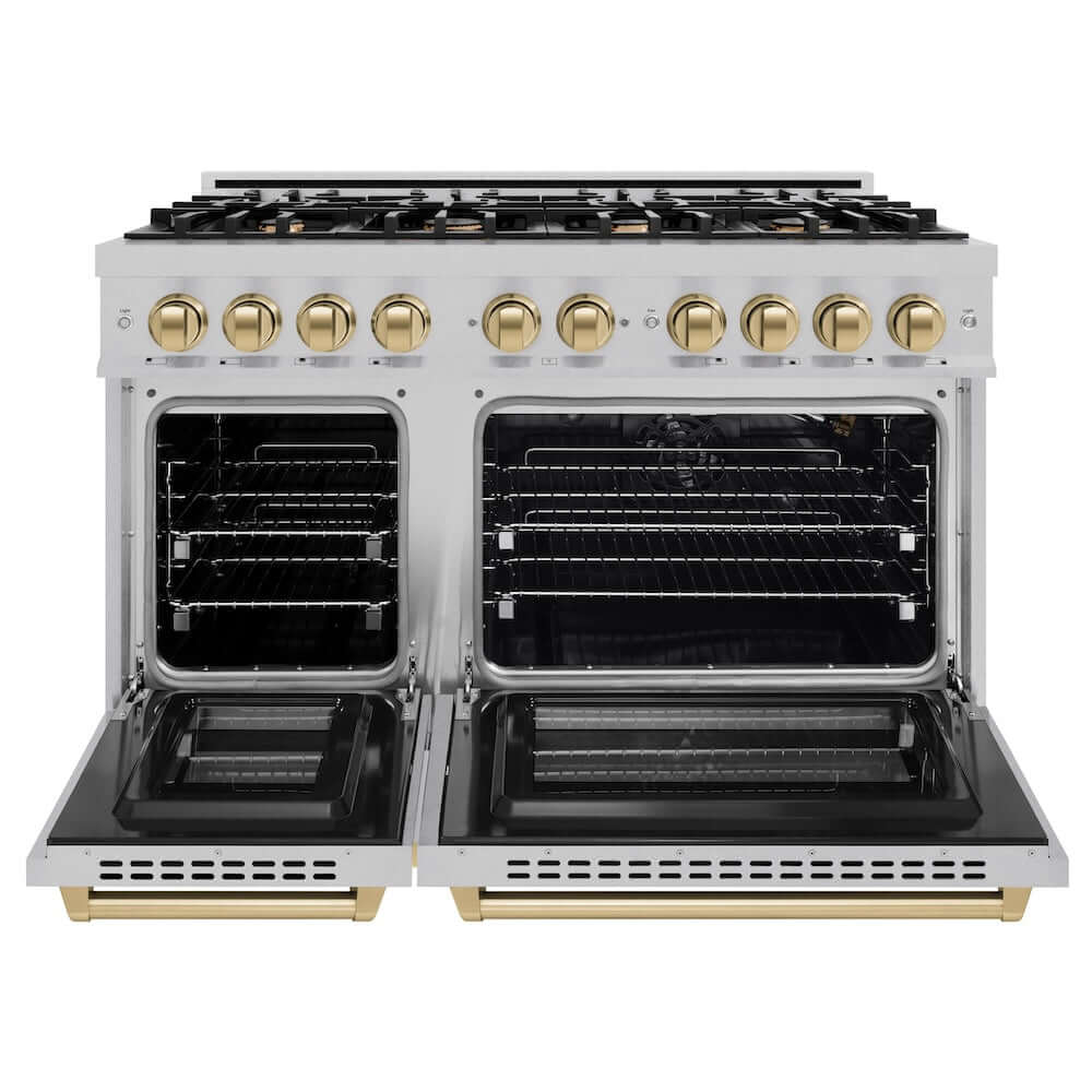 ZLINE Autograph Edition 48-Inch 6.7 cu. ft. Professional Double Oven Gas Range with 8-Burner Cooktop - Satin Stainless Steel & Champagne Bronze Accents (HGRSZ 48 CB) | Perfect for Large Family Cooking, Holiday Entertaining & Gourmet Kitchen Design