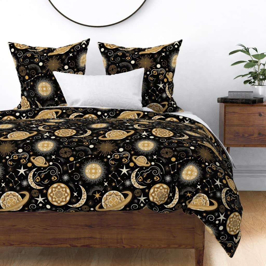 Galaxy Mandala Bohemian Space Adventure Duvet Cover - King/California King Size, Cotton Sateen Fabric with Honey Black Clouds & Geometric Sun Moon Print - Custom Bedding for Bohemian & Space Themed Bedrooms