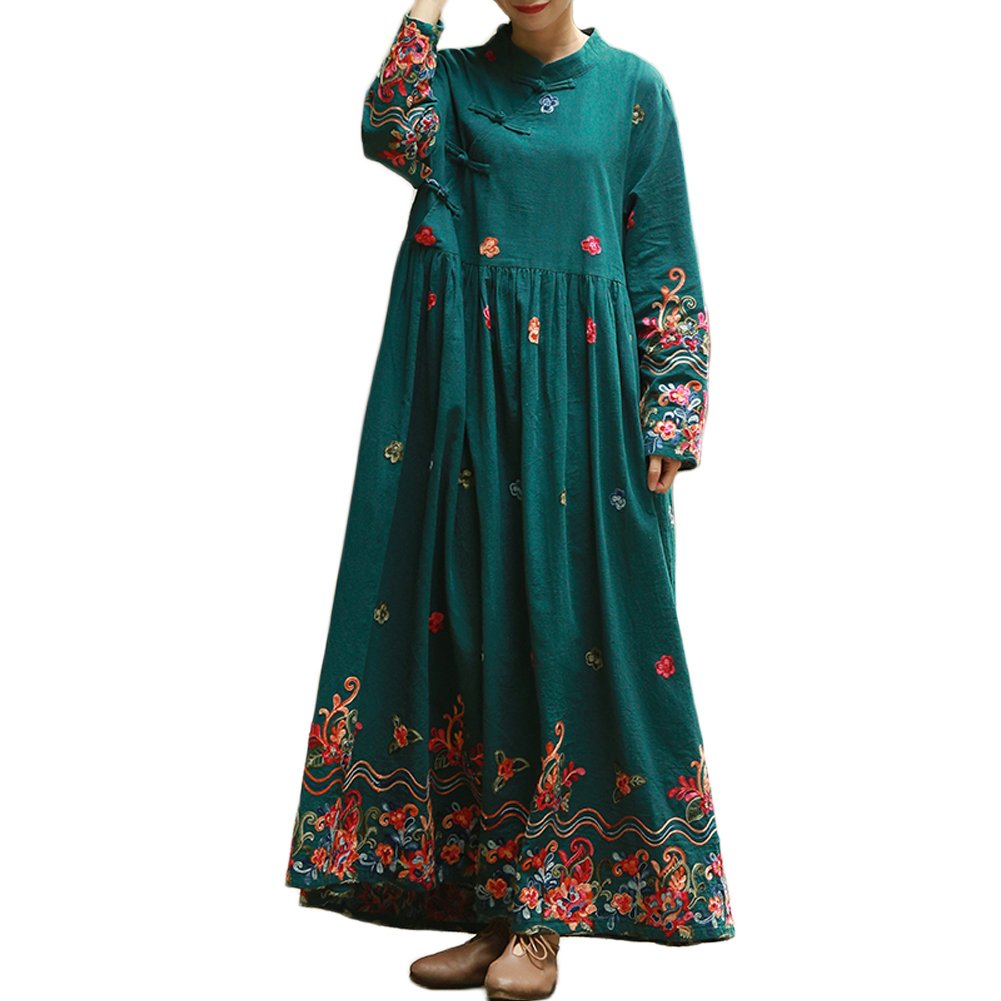 Elegant Chinese Floral Embroidery Women's Long Maxi Dress - Summer Casual Boho Chic Dress for Beach, Wedding & Special Occasions
