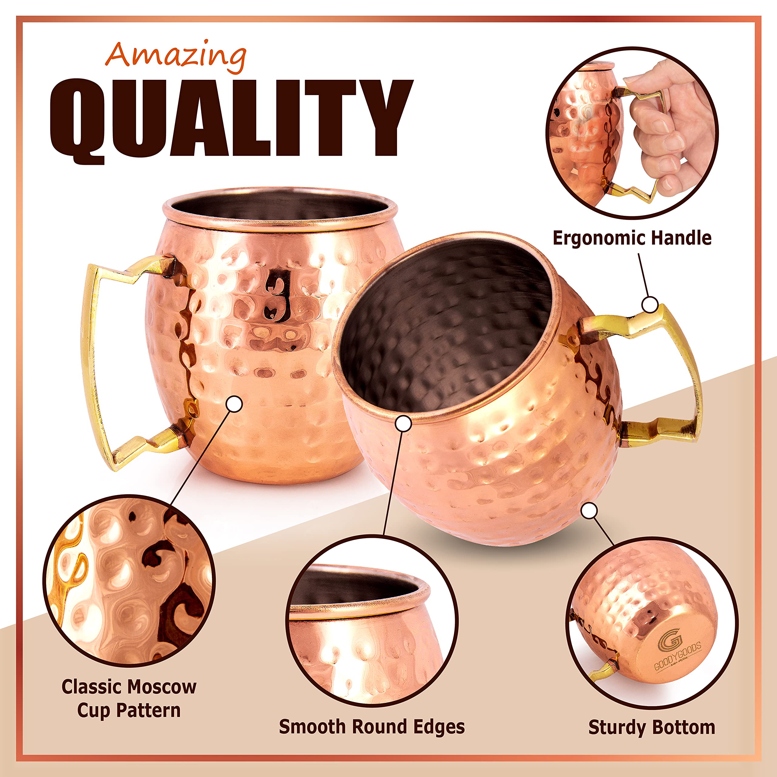 Premium Moscow Mule Mugs Set - 4 Handcrafted 18oz Copper Plated Cups with Stainless Steel Lining, 4 Unique Straws, Jigger, Bottle Opener & Recipe Booklet - Perfect for Cocktail Parties, Home Bars & Gifts