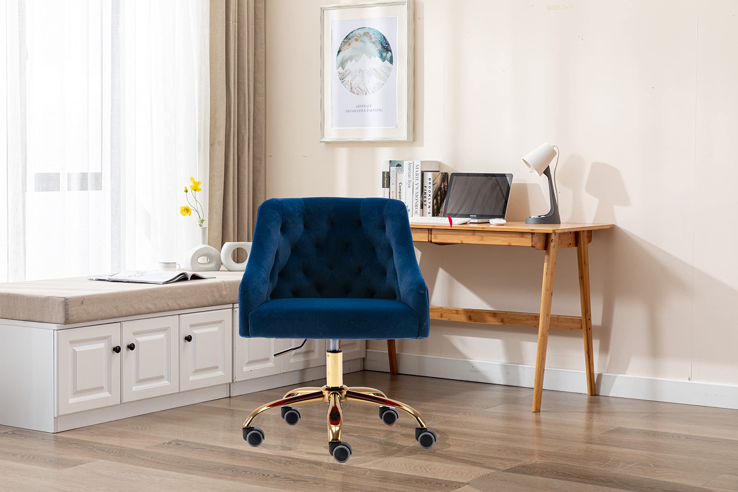 Ergonomic Modern Home Office Chair - Adjustable Swivel Desk Chair with Wheels, Velvet Upholstery for Living Room & Bedroom - Dark Blue (Perfect for Work from Home, Gaming & Makeup Vanity)