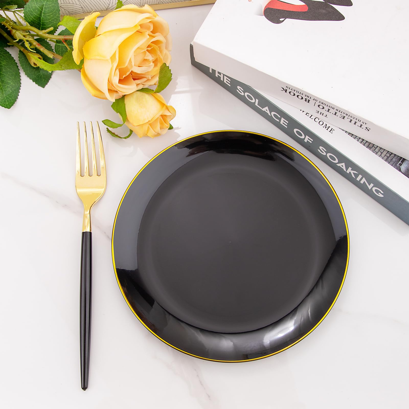 144-Piece Black and Gold Plastic Dessert Plate Set - 72 Elegant 7.5