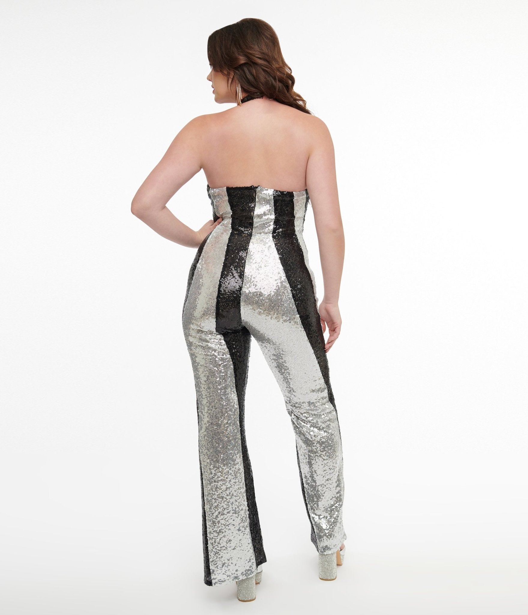 Smak Parlour 1960s Black & Silver Sequin Glamour Goddess Jumpsuit - Vintage Retro Party Outfit for Women, Perfect for Halloween, Cosplay, and Nightclub Events